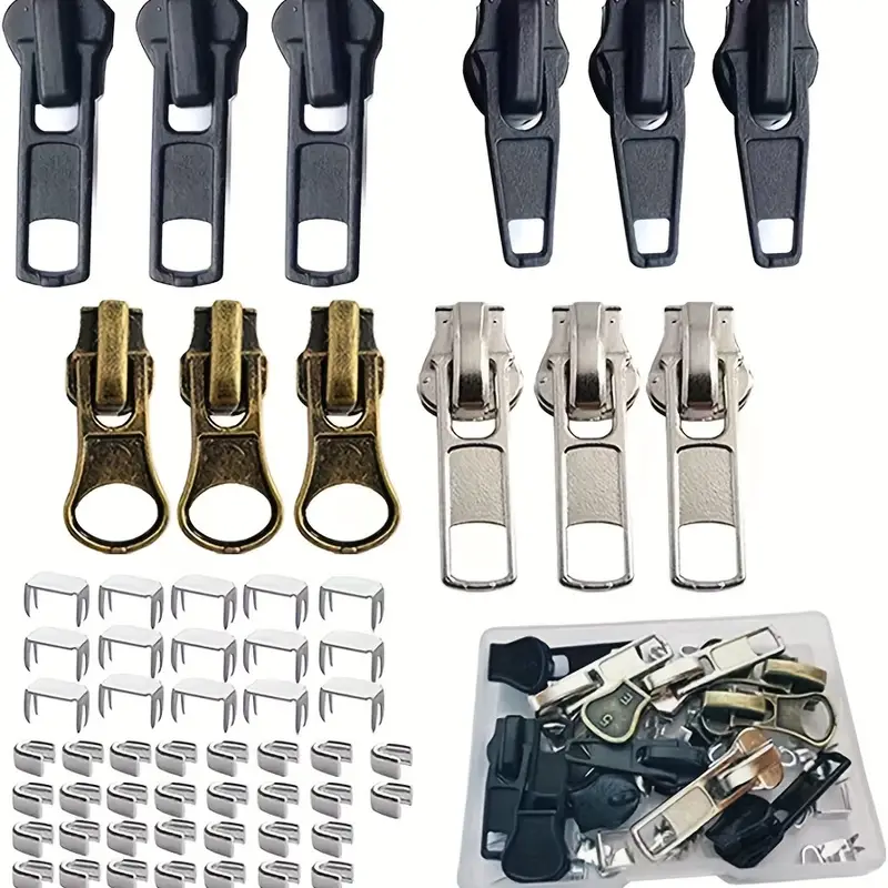 Zipper Repair Kit (52 Pcs), Universal #5 Zipper Replacement Slider Kit,  Zipper Pull Replacement, Zipper Fix Repair Kit for Jackets, Coats, Boot