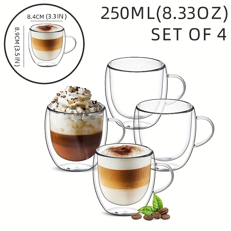 4pcs 250ml Clear Latte Mug Tall Coffee Glass Handle Tea Cup