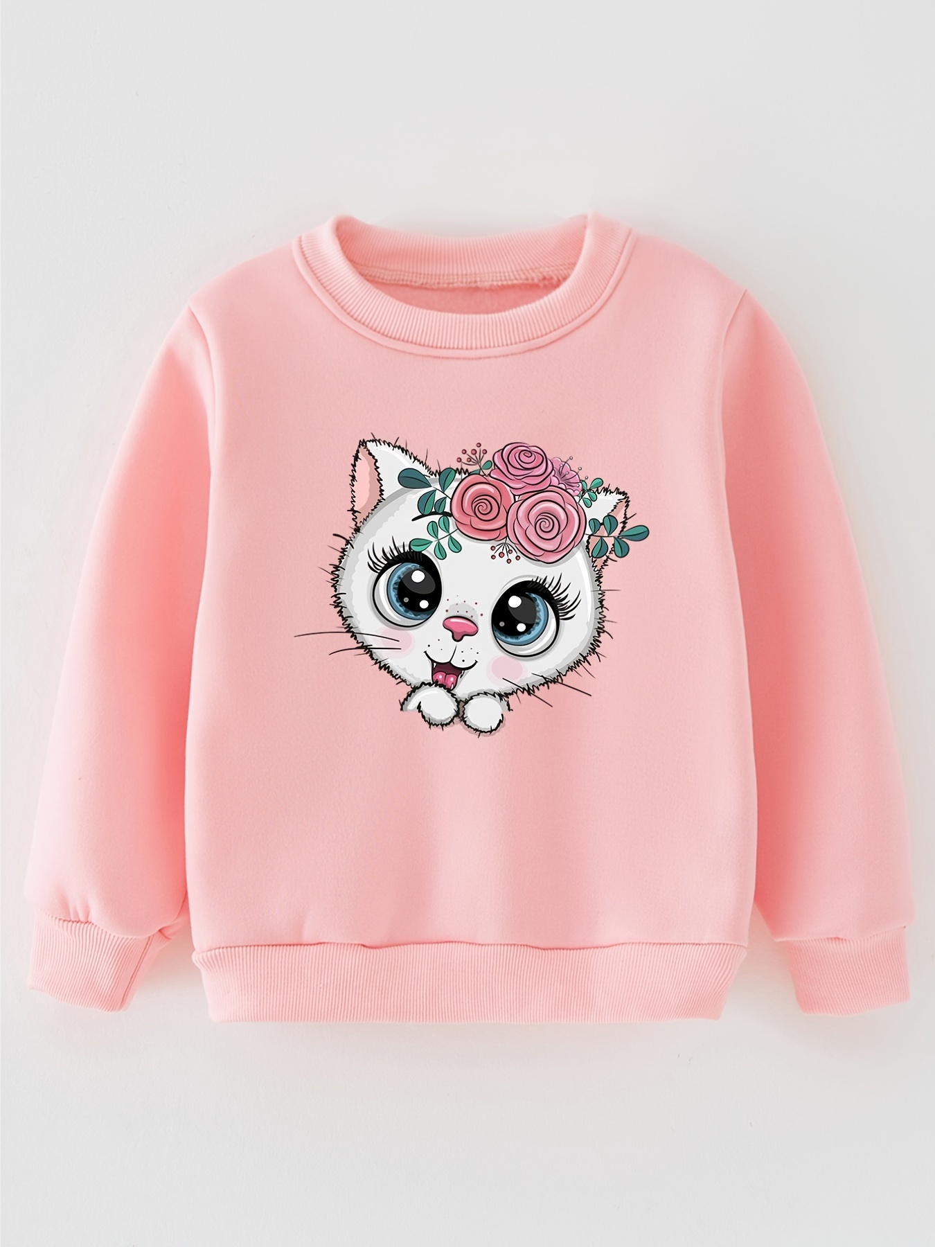 Kid Girl Cat Print Bowknot Design Pink Pullover Sweatshirt
