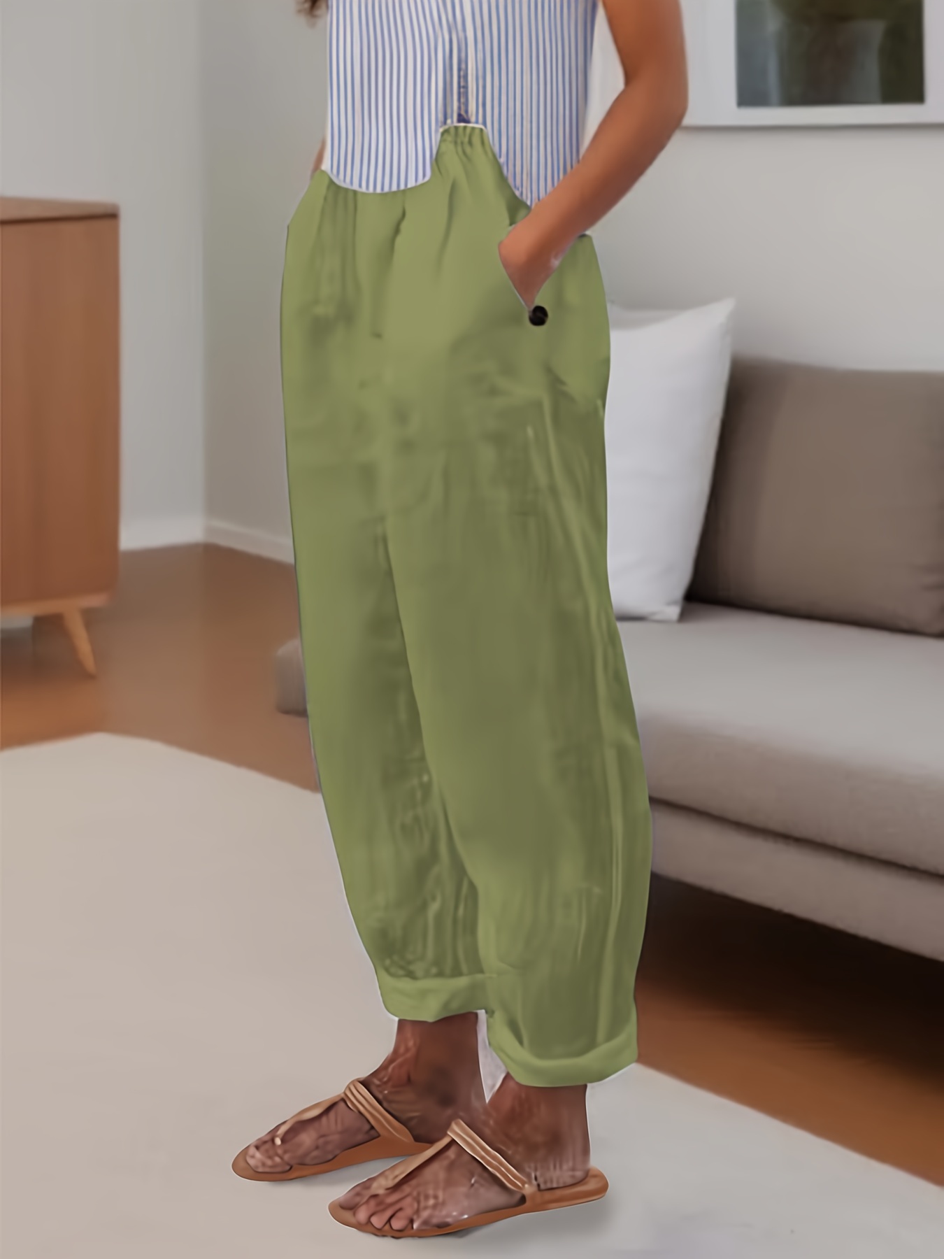 Minimalist Slant Pocket Wide Leg Pants Casual Shirred Pants - Temu