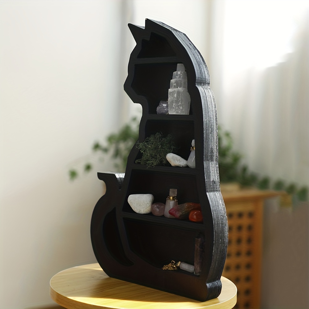 1pc retro gothic black wooden cat shaped three layer three dimensional shelf handicraft decoration suitable for natural stone crystal columns and essential oil bottles