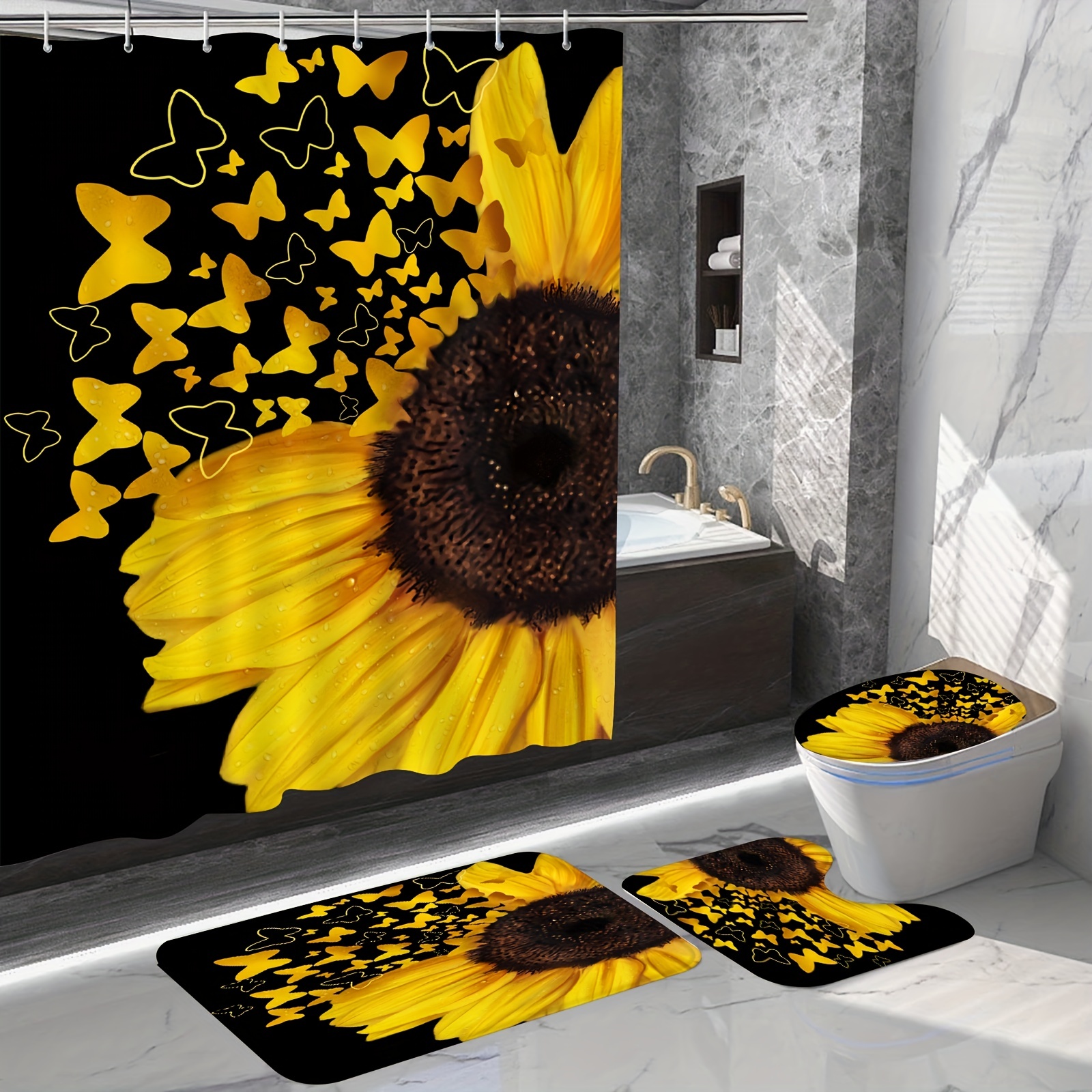 4Pcs Sunflower Shower Curtain and Rug Sets Bathroom Decor