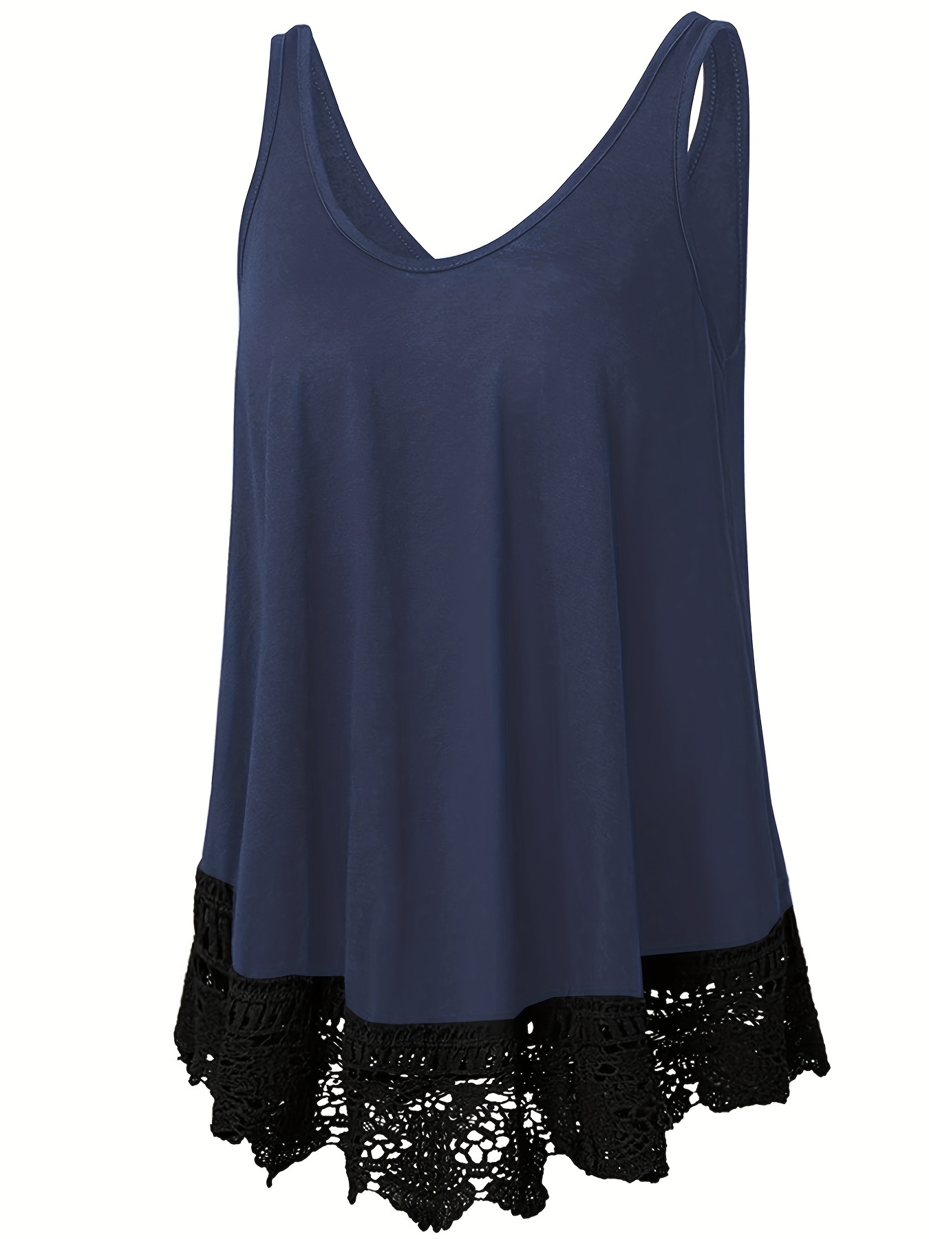 Navy Blue Casual Plain Contrast Lace Cami Women's Tank Tops Camis