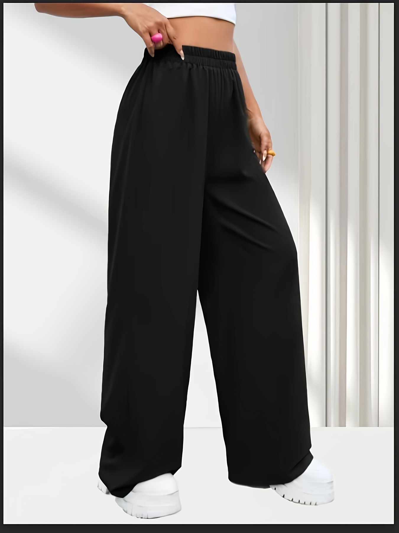 solid elastic waist loose pants casual wide leg pants for spring summer womens clothing
