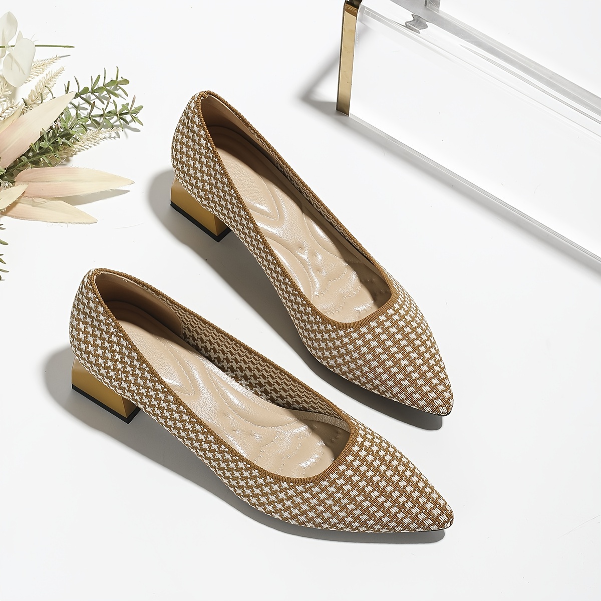 Women's Houndstooth Slip On Chunky Heels Lightweight Shoes