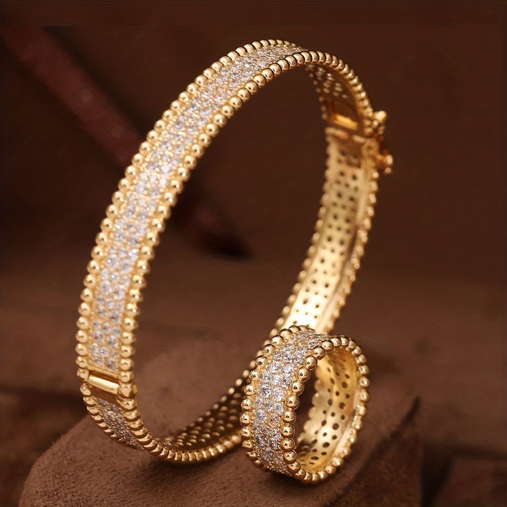 1 ring 1 bangle   set 14k gold plated inlaid shining zirconia silvery   make   match daily outfits details 1