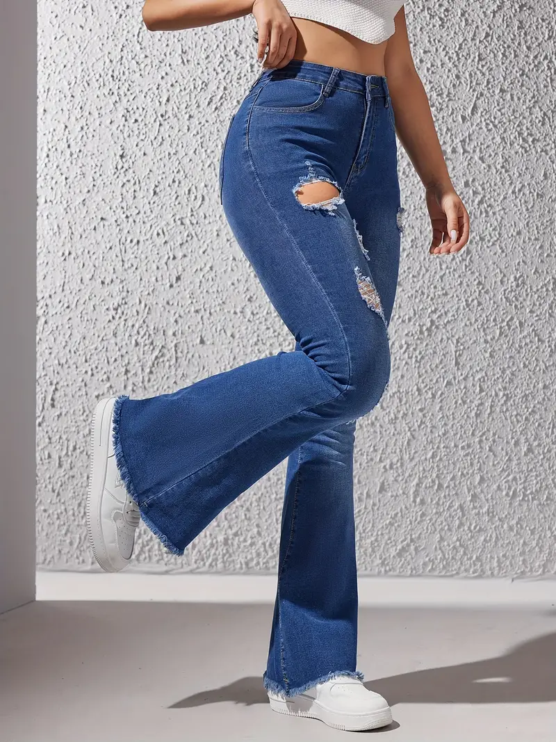 Ripped Holes Casual Flare Jeans, Frayed Hem High Stretch Slant Pockets Bell  Bottom Jeans, Women's Denim Jeans & Clothing