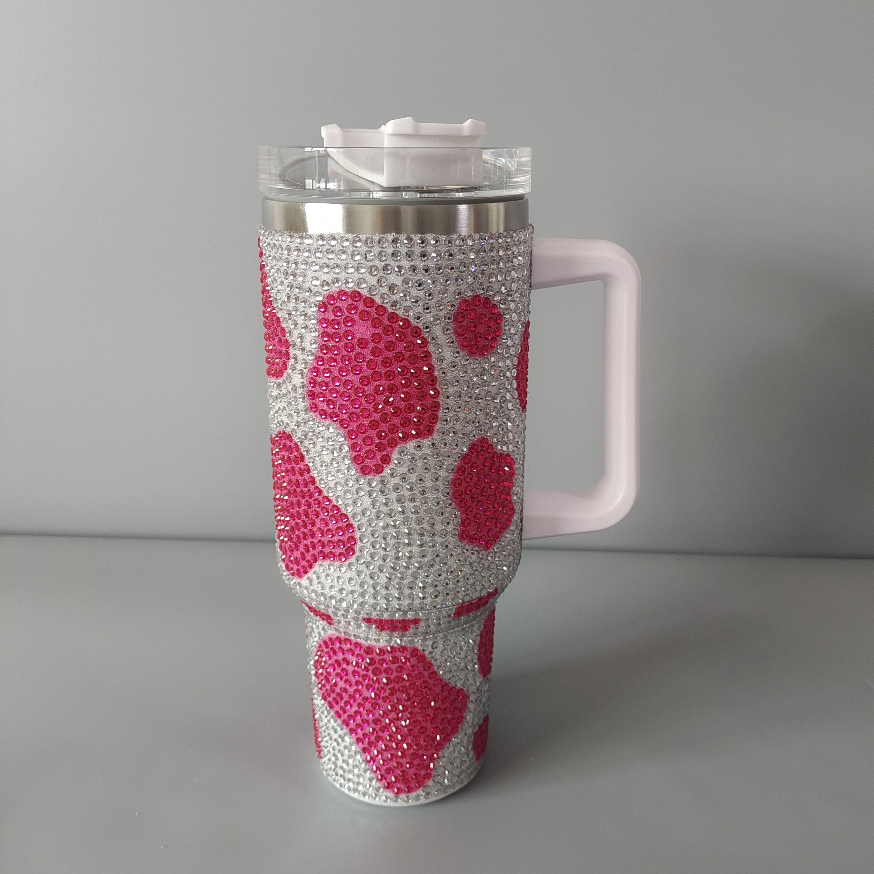 1pc Sparkling Rhinestone Decor Cow Print Pattern 40oz Stainless Steel  Tumbler With Straw, Large Capacity