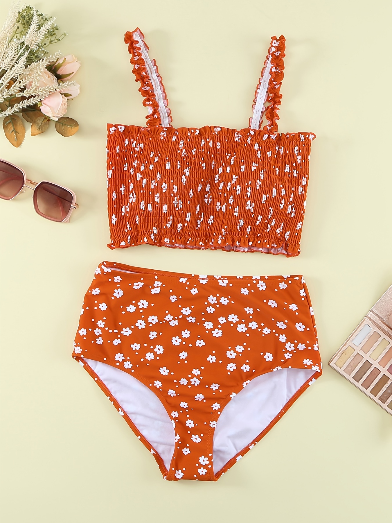 Floral Print Smocked Bra Tankini Sets Square Neck High Waist - Temu Austria