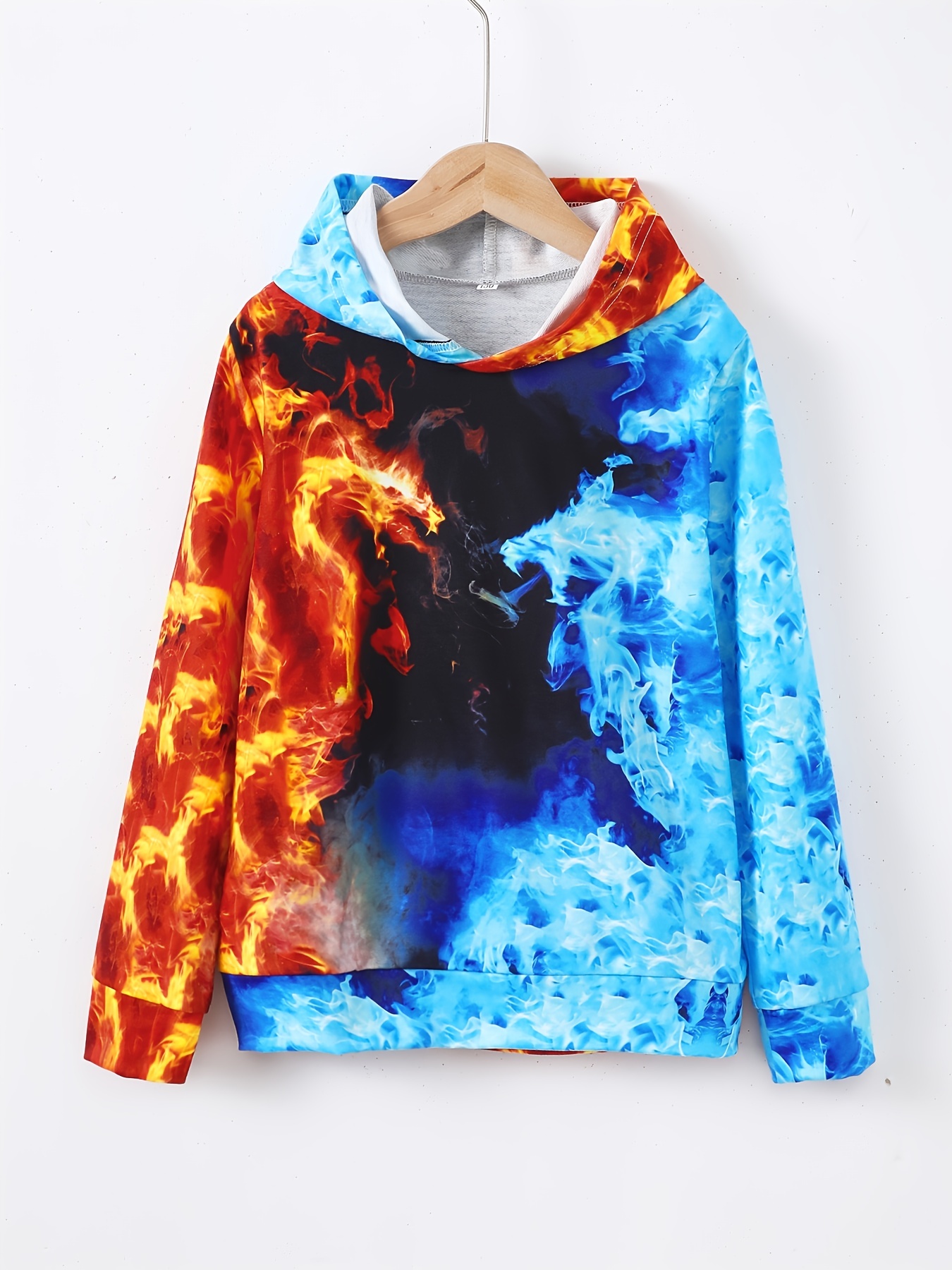 3d color block fire 2025 printed long sleeve hoodie