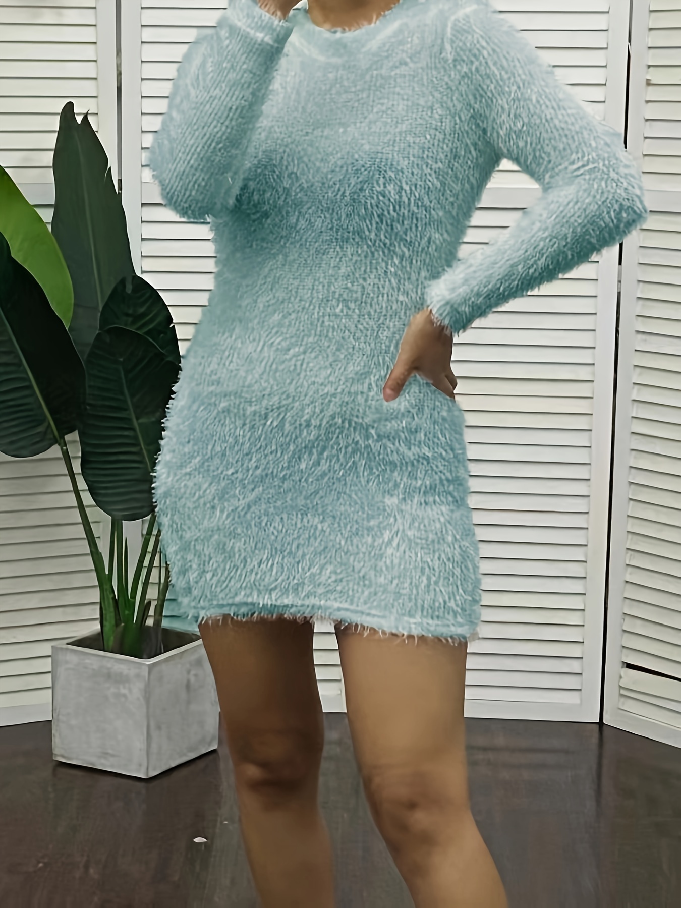 Fuzzy Solid Bodycon Dress Elegant Mock Neck Long Sleeve Temu