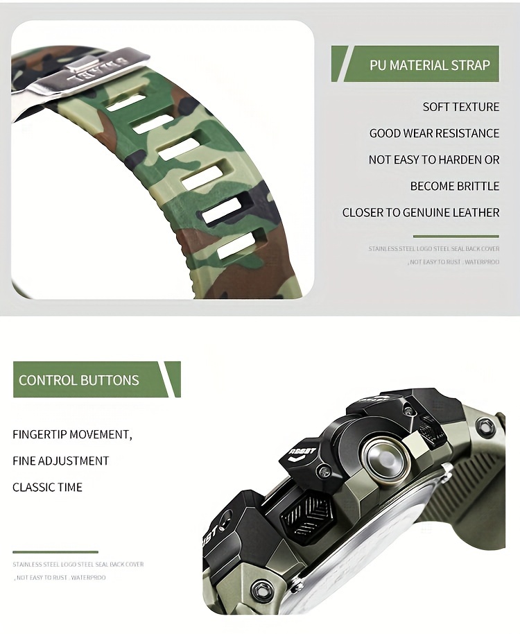   sports digital wristwatch for outdoor mountaineering led night light multifunctional alarm calendar watch with large dial camo strap details 7