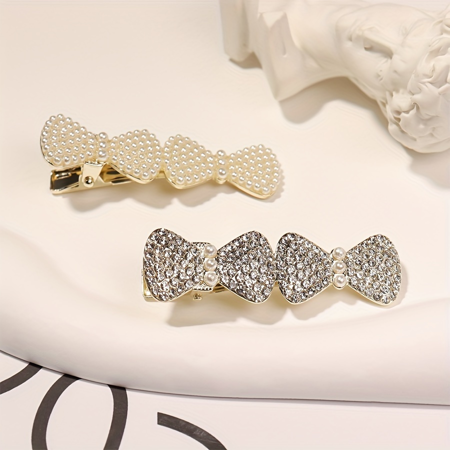  Cute Ribbon Bow Imitation Pearl Hair Clip, Women