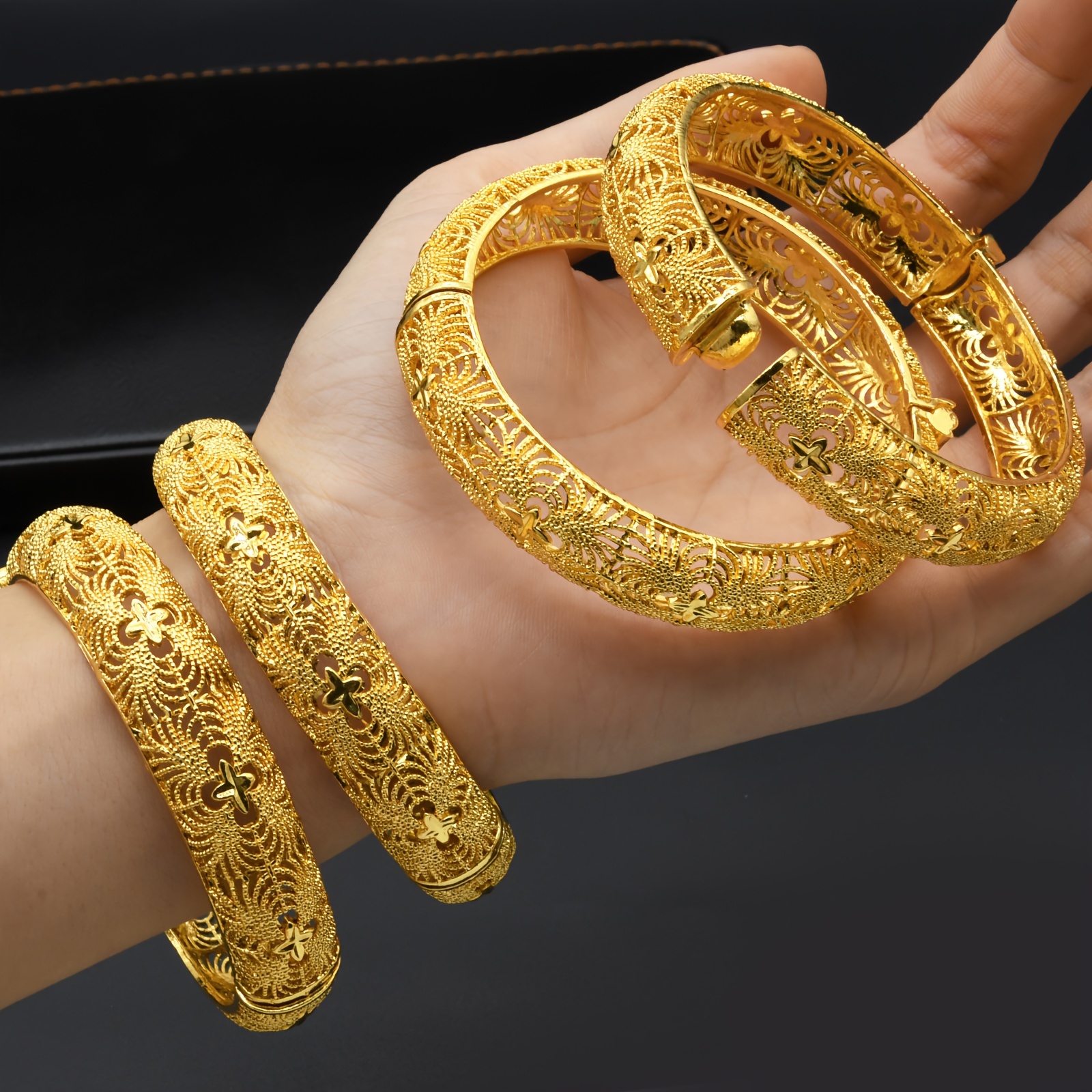 4pcs set of elegant golden cuff bangles zinc alloy   weddings parties bangle bracelet details 4