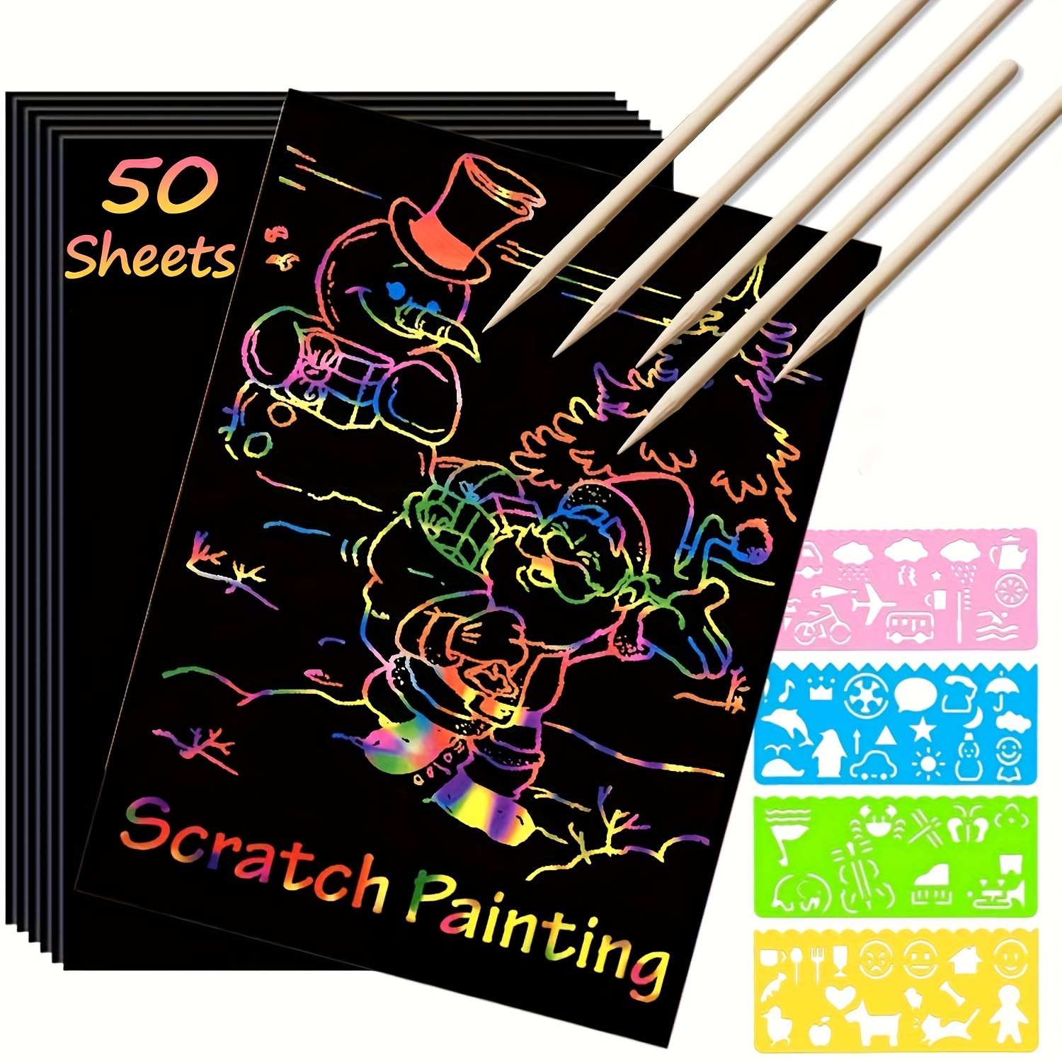 10 Feuilles de Papier Gratter, Dessin Gratter Couleur Arc-en-Ciel pour  Enfants avec 1 Stylos en Bambou, Carte à Gratter Scratch Art