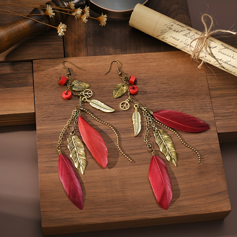 Bohemian Style Feather Tassel Drop Earrings, Leaf Decor