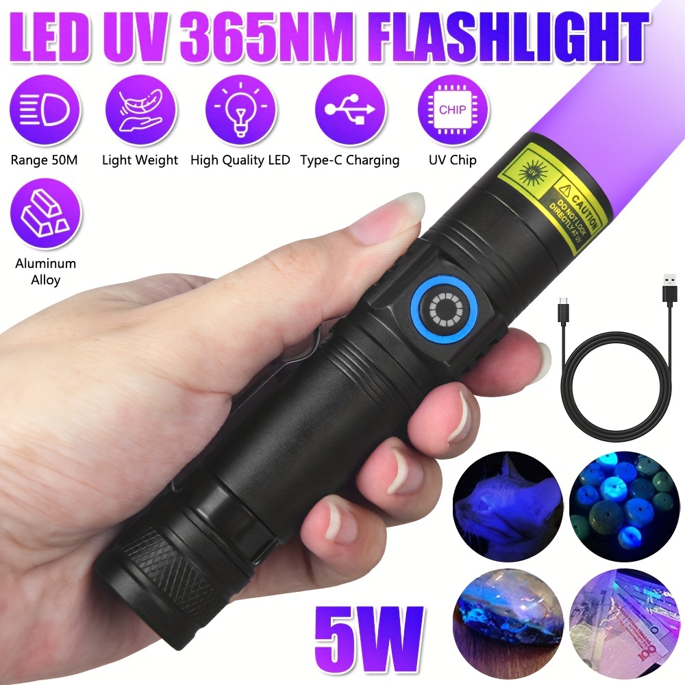  ALONEFIRE SV13 15W 365nm Linterna UV USB recargable  ultravioleta luz negra detector de orina de mascotas para curado de resina,  manchas secas, escorpión, pesca con gafas protectoras UV, cargador de  batería