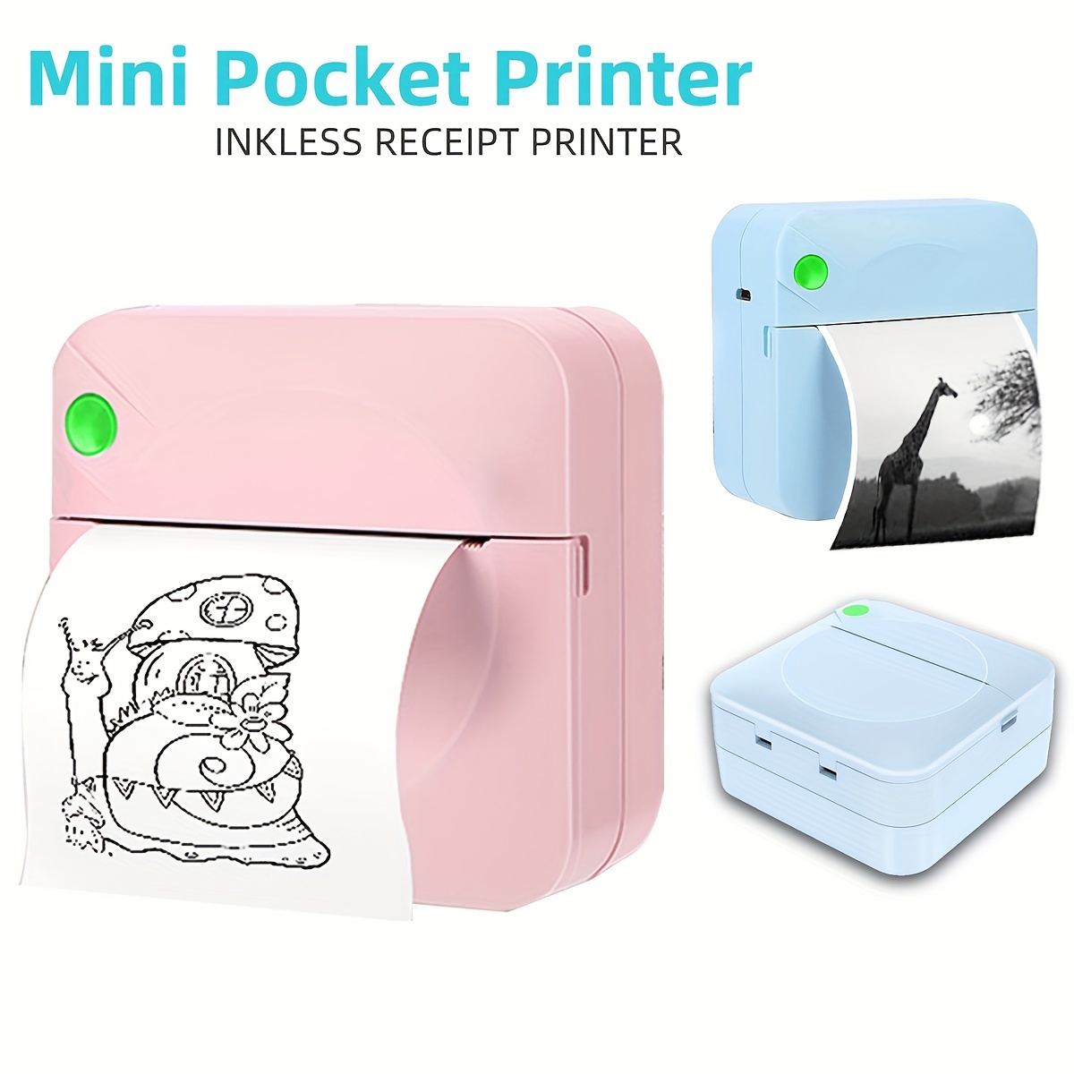  Mini impresora portátil para smartphone, impresora térmica  inalámbrica con 7 rollos de papel, impresora de bolsillo sin tinta  Bluetooth inteligente para imagen, etiqueta de recibo, notas, impresión de  código QR 