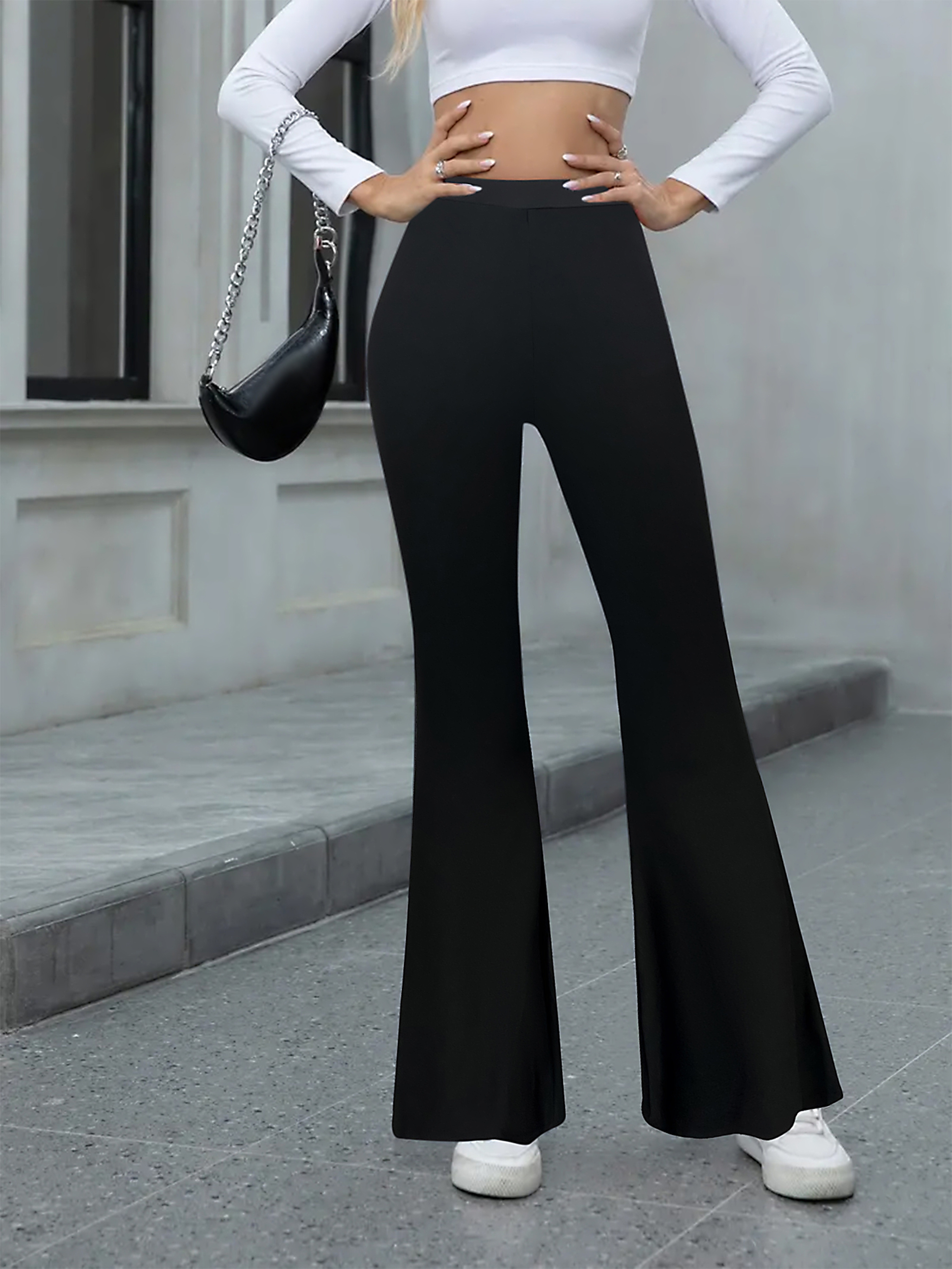 Solid Color Flared Pants, Casual High Waist Pants, Women's Clothing