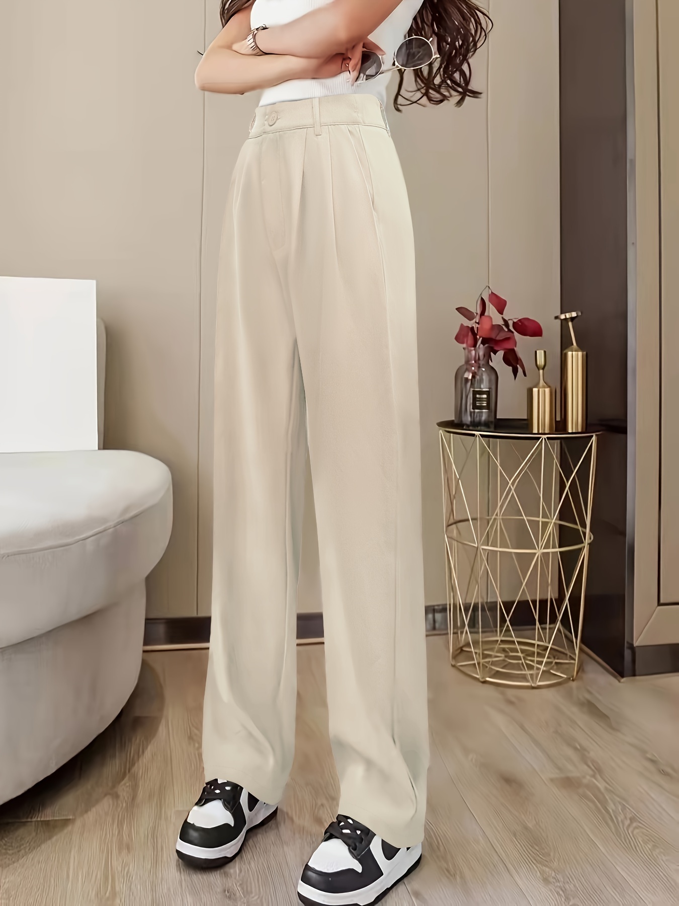Wide Leg Pants for Women Versatile Straight Tube High Waisted Commuting  Button Up Straight Leg Trousers Fall Pant : : Clothing, Shoes 