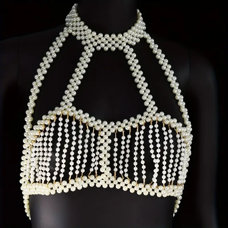 Elegant White Faux Pearls Beads Beaded Bra Chest Chain - Temu Germany