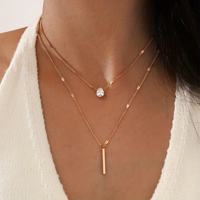 Double Layers Stick Diamond Zircon Pendant Necklace For Women Teen