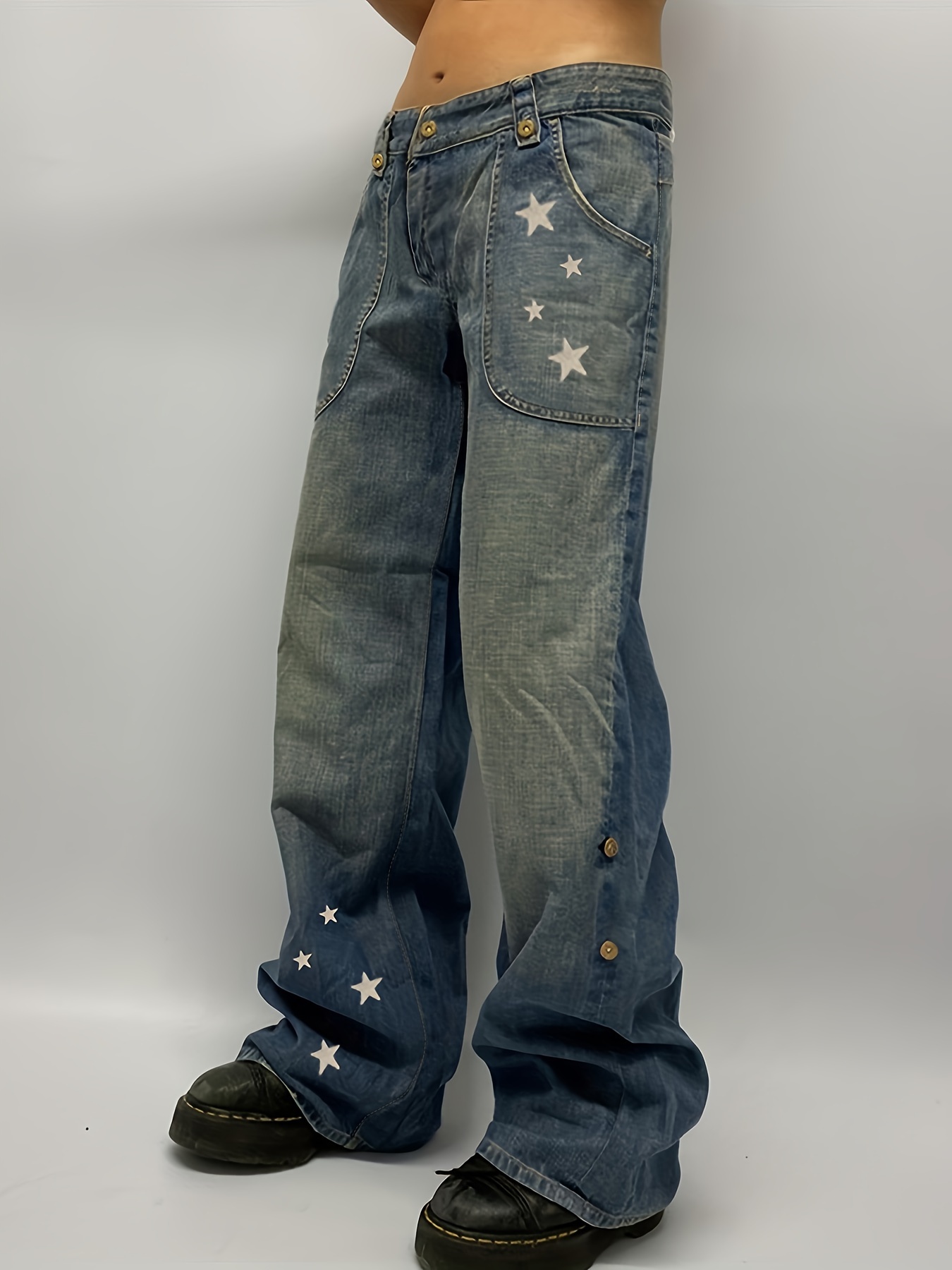 Star Pattern Washed Straight Jeans, Loose Fit Slant Pockets Denim Pants,  Women's Denim Jeans & Clothing - Perfect For Carnaval Music Festival