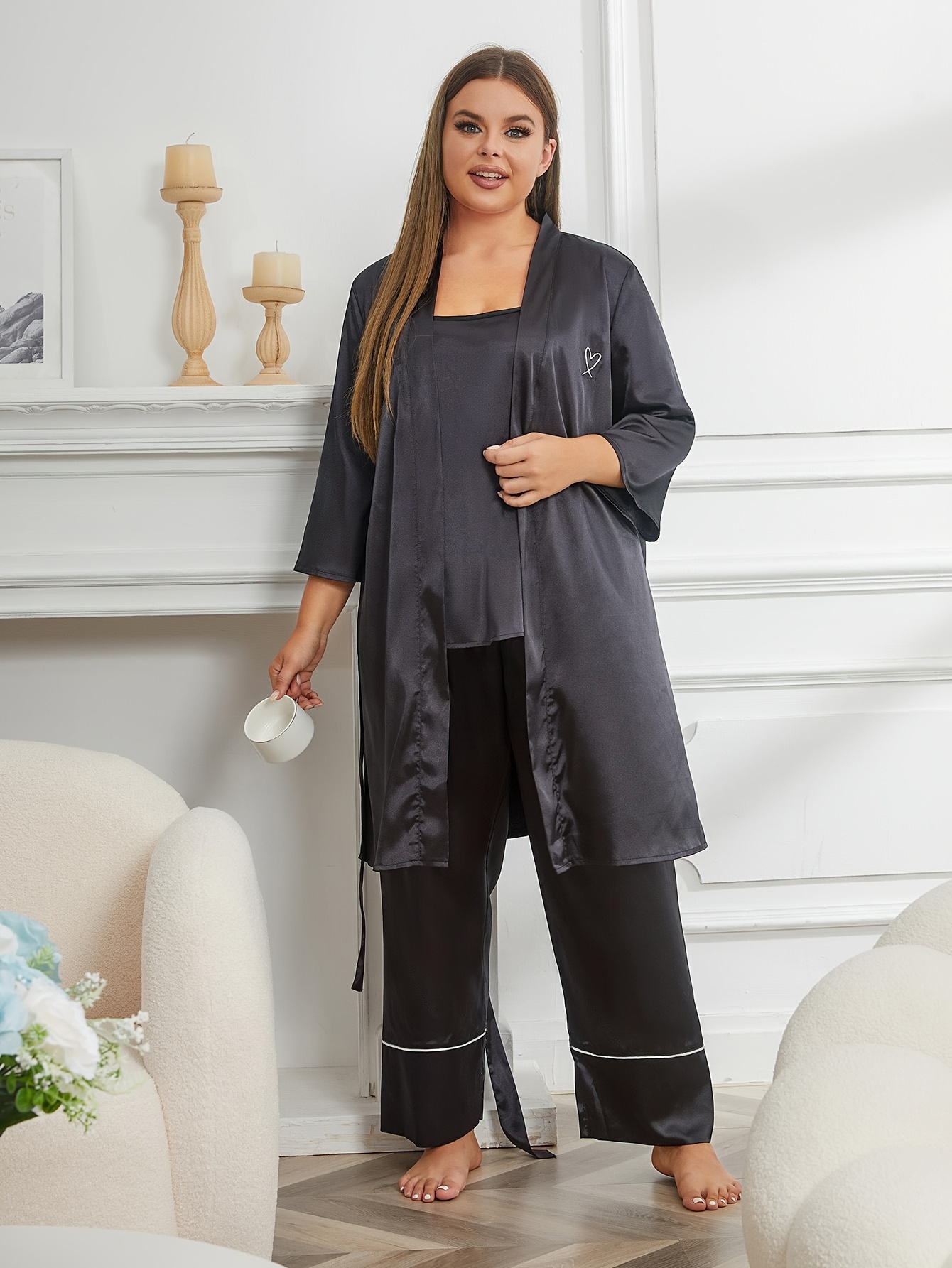 Plus Size Elegant Pajama Set, Women's Plus Silk Satin Floral Print Contrast  Lace Trim Long Sleeve Button Up Shirt & Pants Lounge Two Piece Set