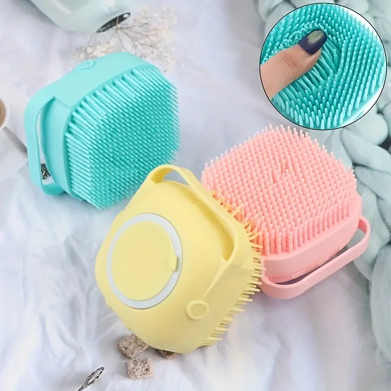 multifunctional silicone bath brush with exfoliating bristles storage compartment ergonomic handle for body shower household cleaning soft pastel colors turquoise details 3