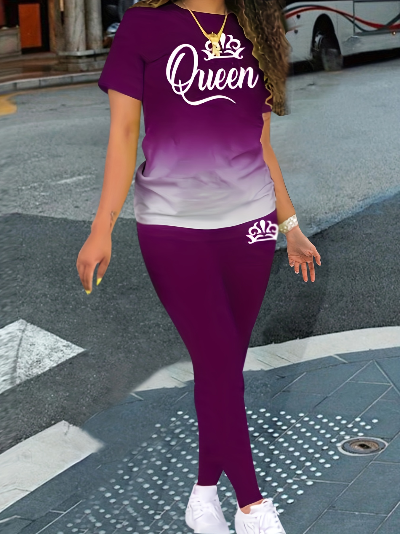 Letter & Crown Print Top & Pants Set