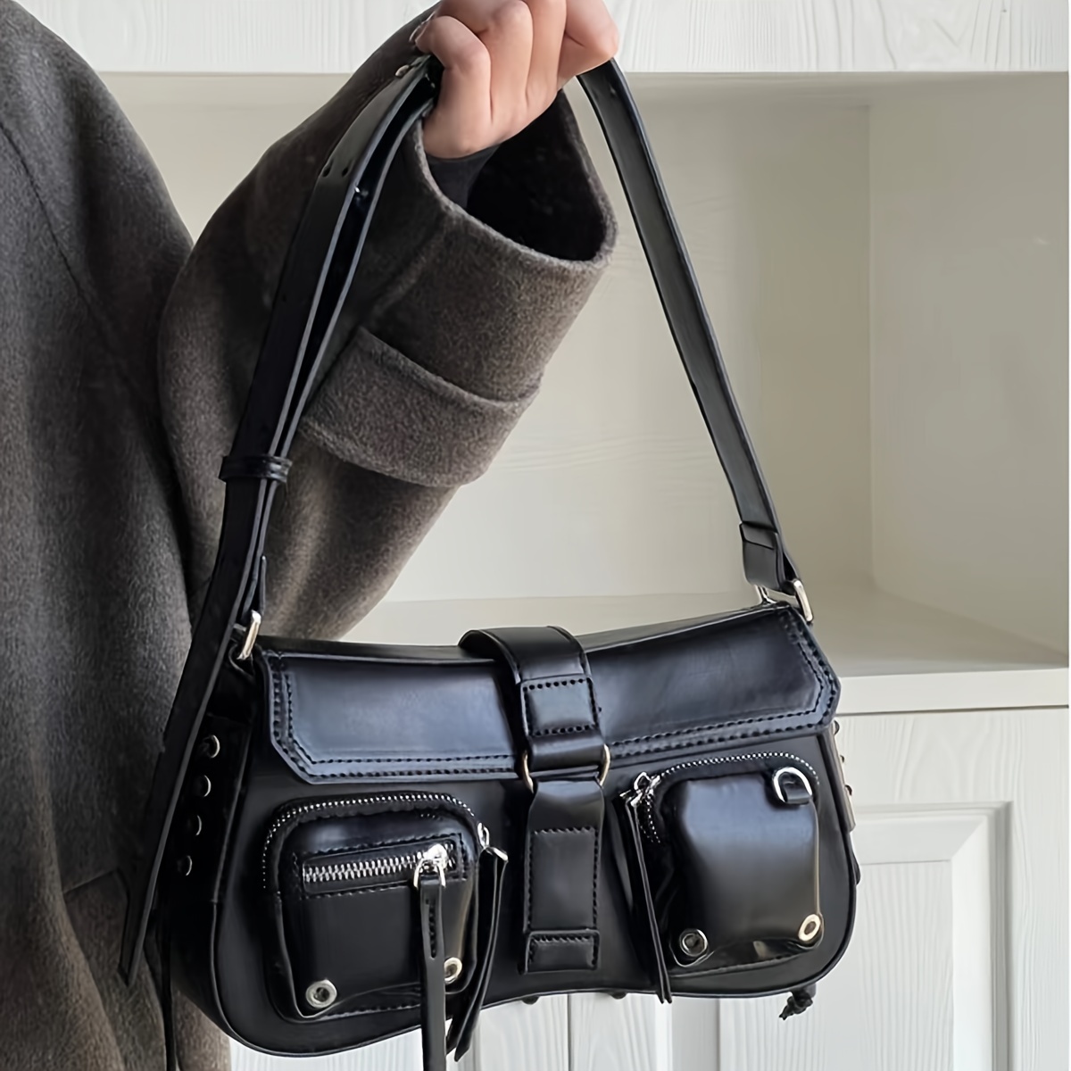

Trendy Punk Style Shoulder Bag, Y2k Multi Pocket Underarm Bag, Women's Fashion Handbag & Purse