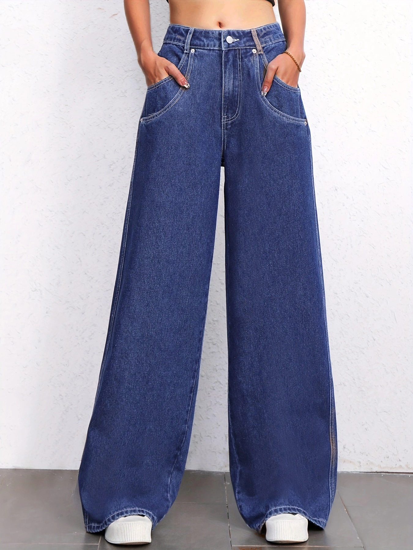 Double Pocket Detail Wide Leg Mopping Jeans * * Washed Blue Patch Leather  Loose Grunge Denim Pants, Women's Denim Jeans & Clothing