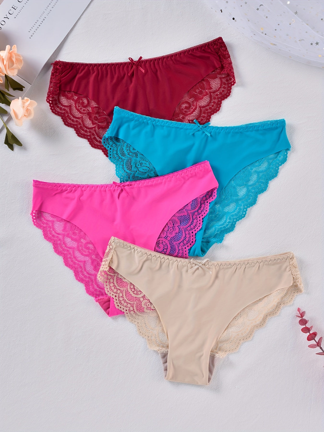 4pcs Lace Stitching Bow Tie Briefs, Breathable Scallop Trim Panties,  Women's Lingerie & Underwear
