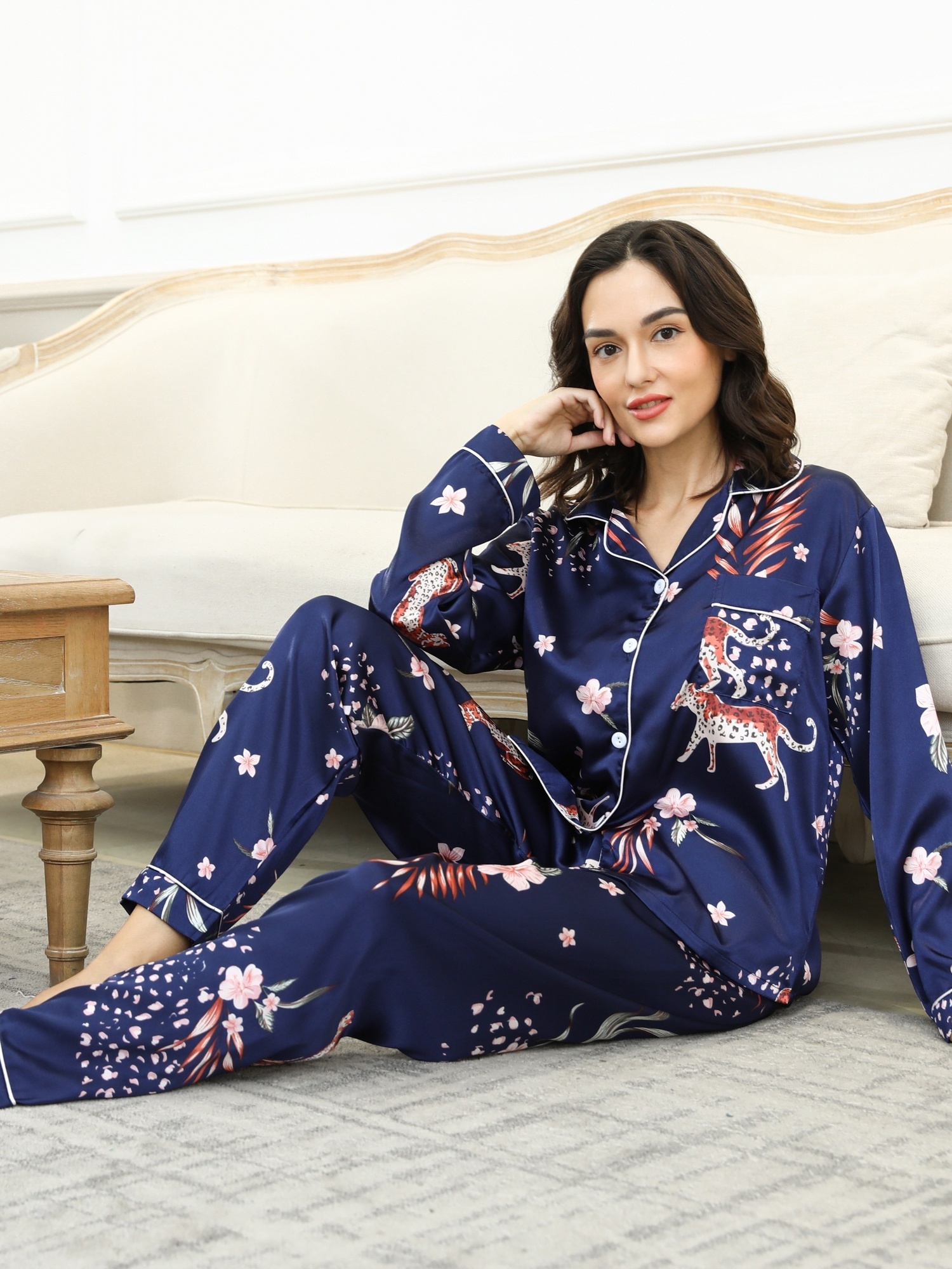 Womens Sleepwear Long Sleeve Collar Shirt and Long Pant 2-Piece Pajama Set  - Tiger Animal Print