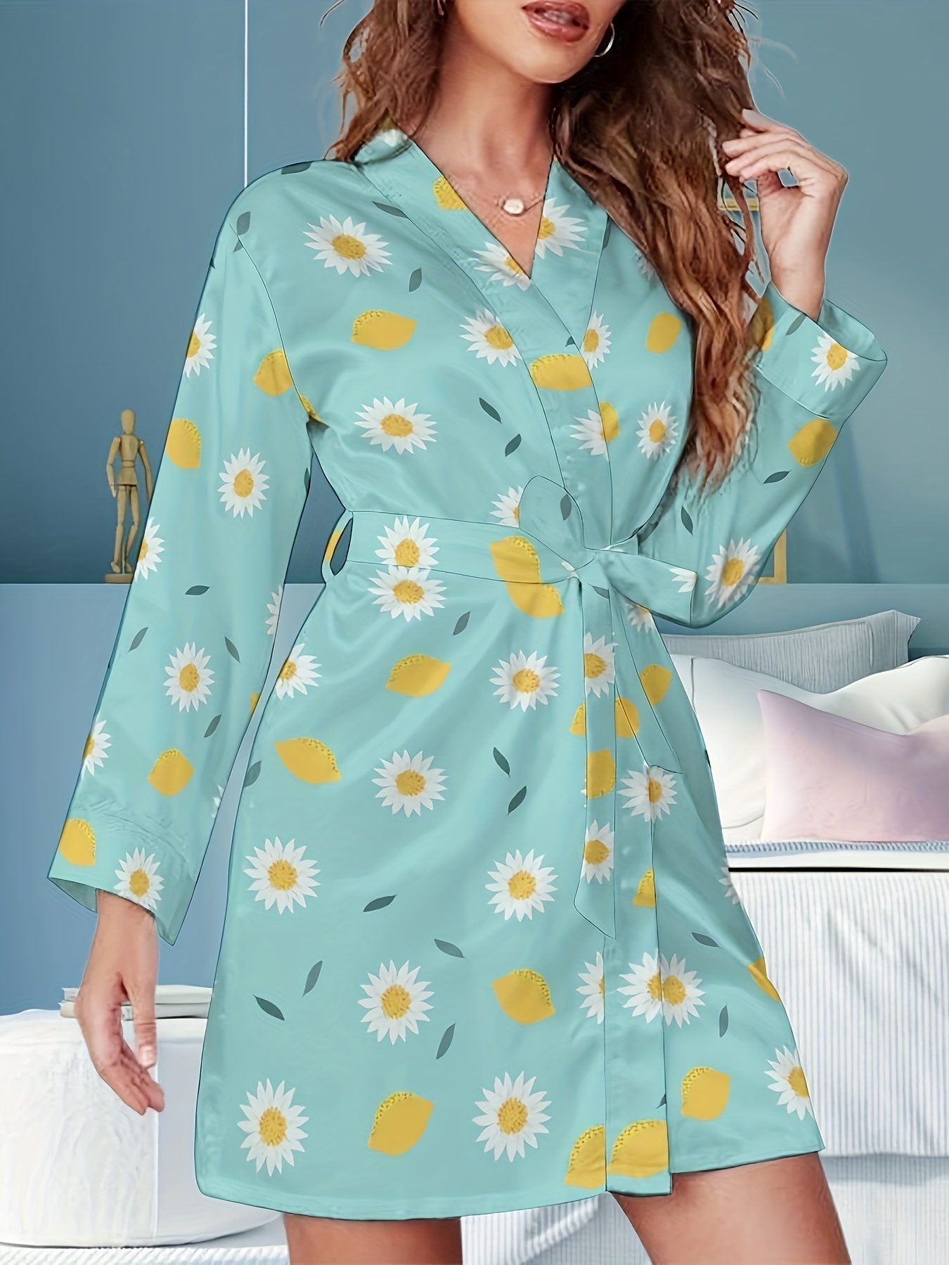 Simple Daisy & Lemon Print Night Robe, Long Sleeve V Neck Robe With Belt,  Women's Sleepwear & Dresses