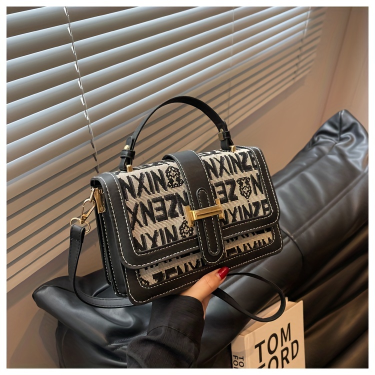 Retro Letter Graphic Handbag For Women, Buckle Decor Crossbody Bag