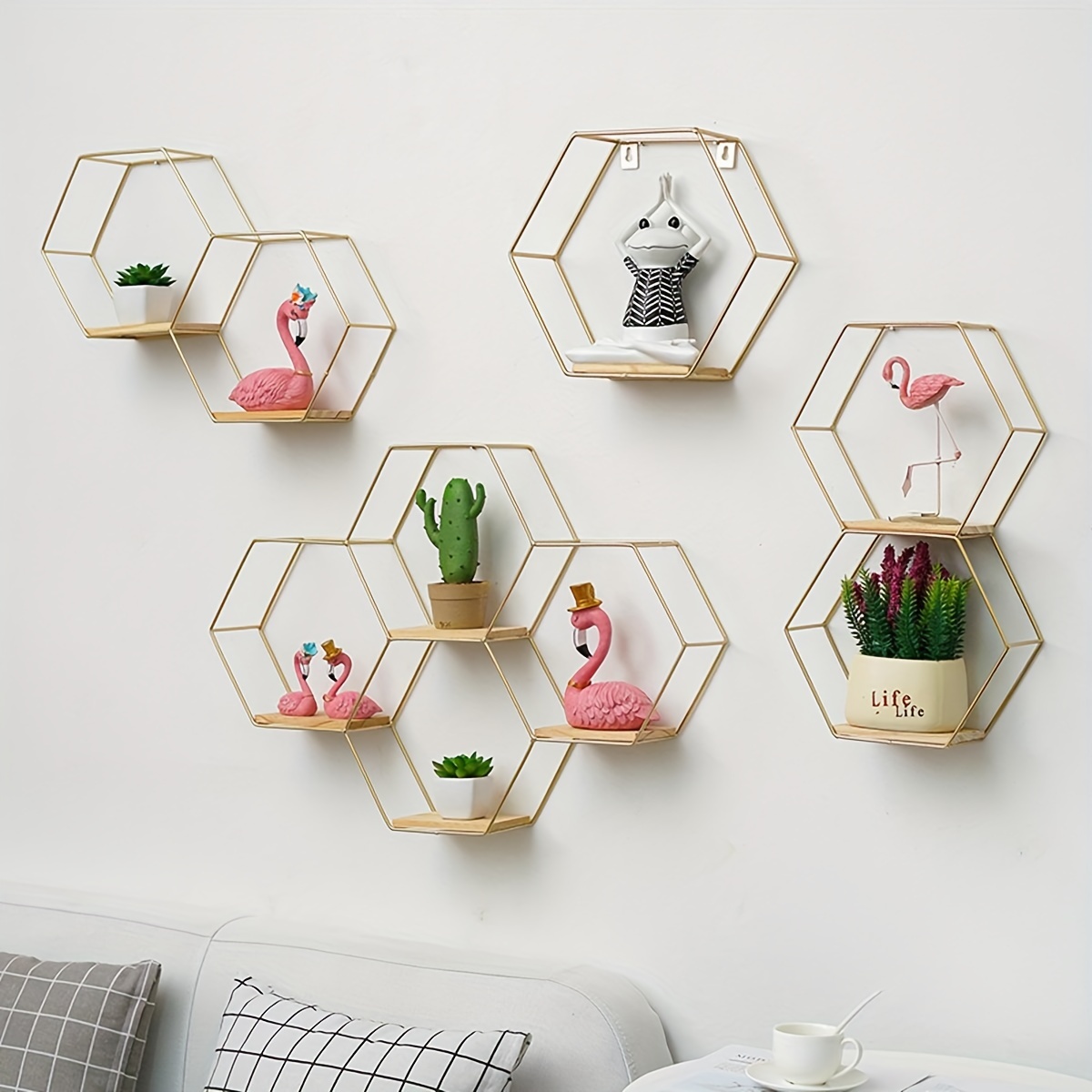 Hexagonal Floating Shelves Modern Metal Wall Shelf Wood Partition Storage
