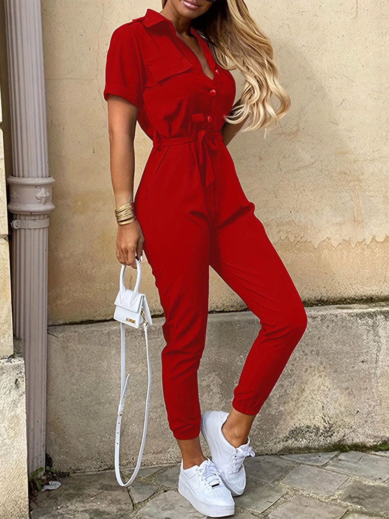 Y2k Belted Patched Pocket Placket Cargo Jumpsuit Tunic Long - Temu