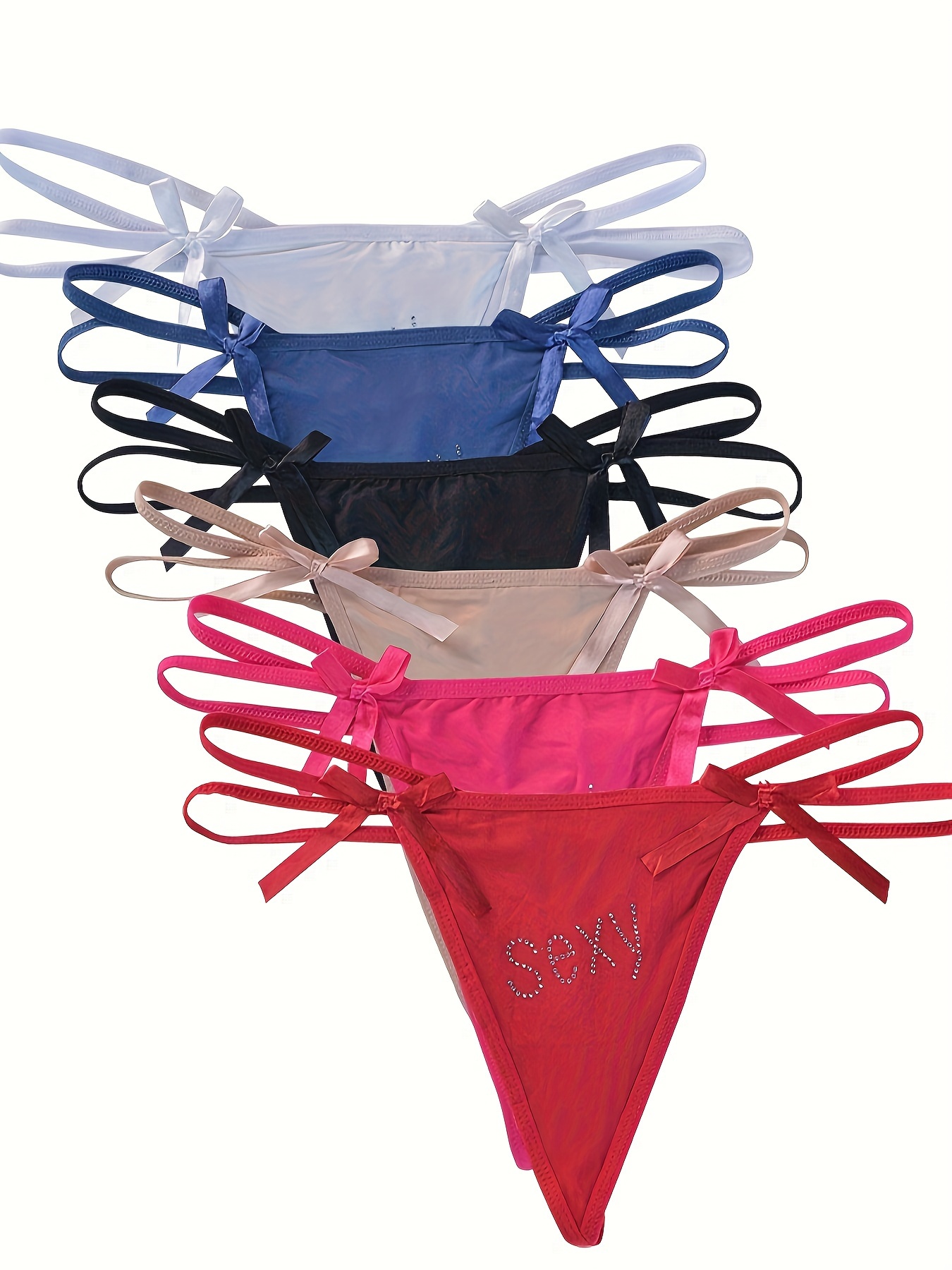 Hot Plain Red Lace Bra & Thong Panty, Bow Rhinestone Decor Spaghetti Strap  Bra & Low Waist Panties Lingerie Set, Women's Lingerie & Underwear