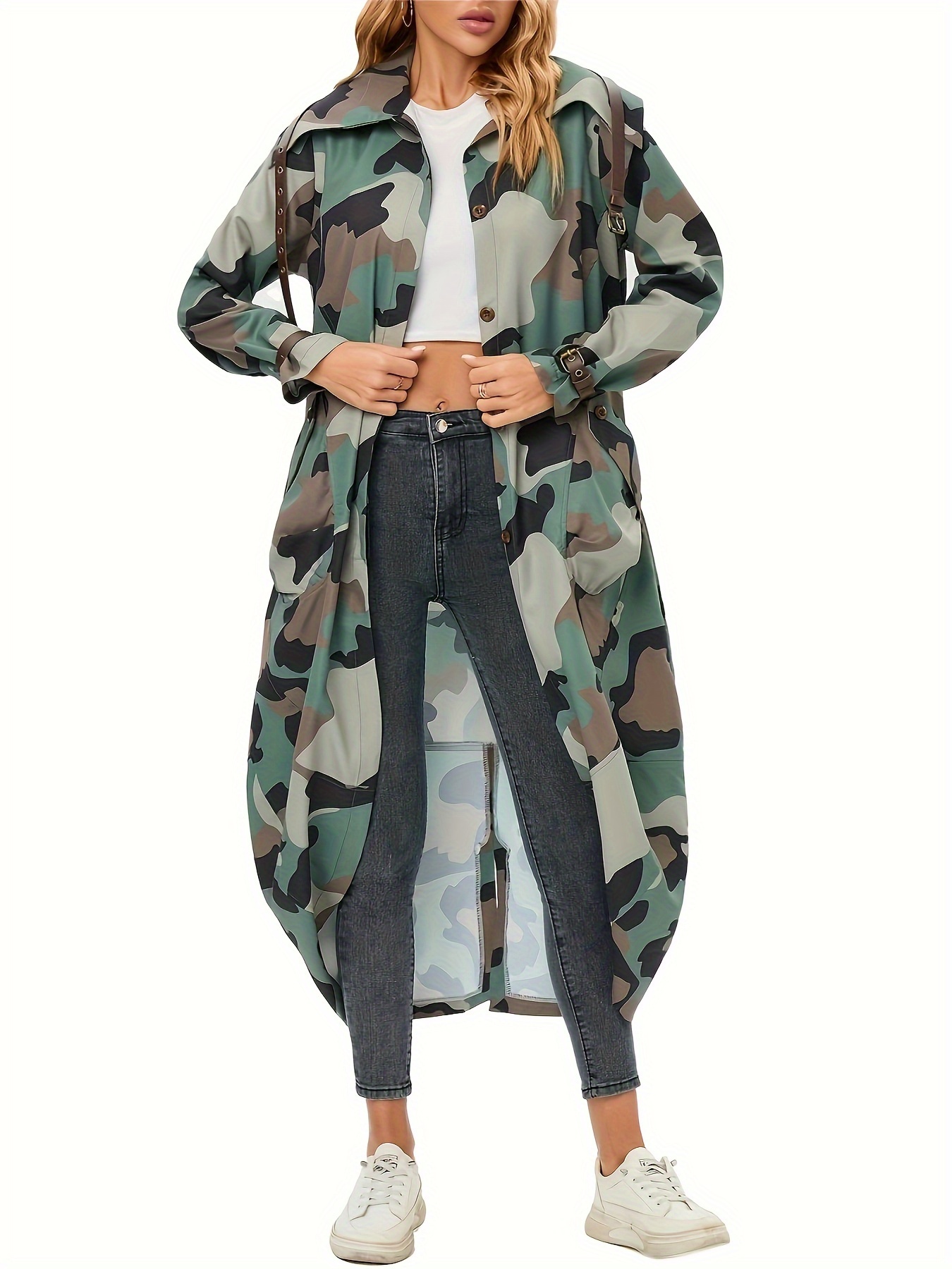 camo print button front lapel jacket casual long sleeve pocket buckle midi coat womens clothing