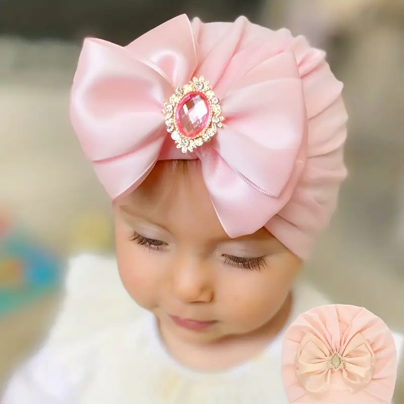Nouveau-né bébé filles arc chapeau couleur unie strass Turbans