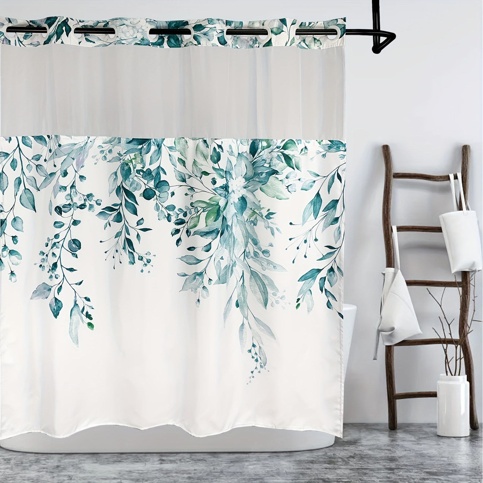 No Hook Leaf Print Shower Curtain Shower Curtain Snap in - Temu