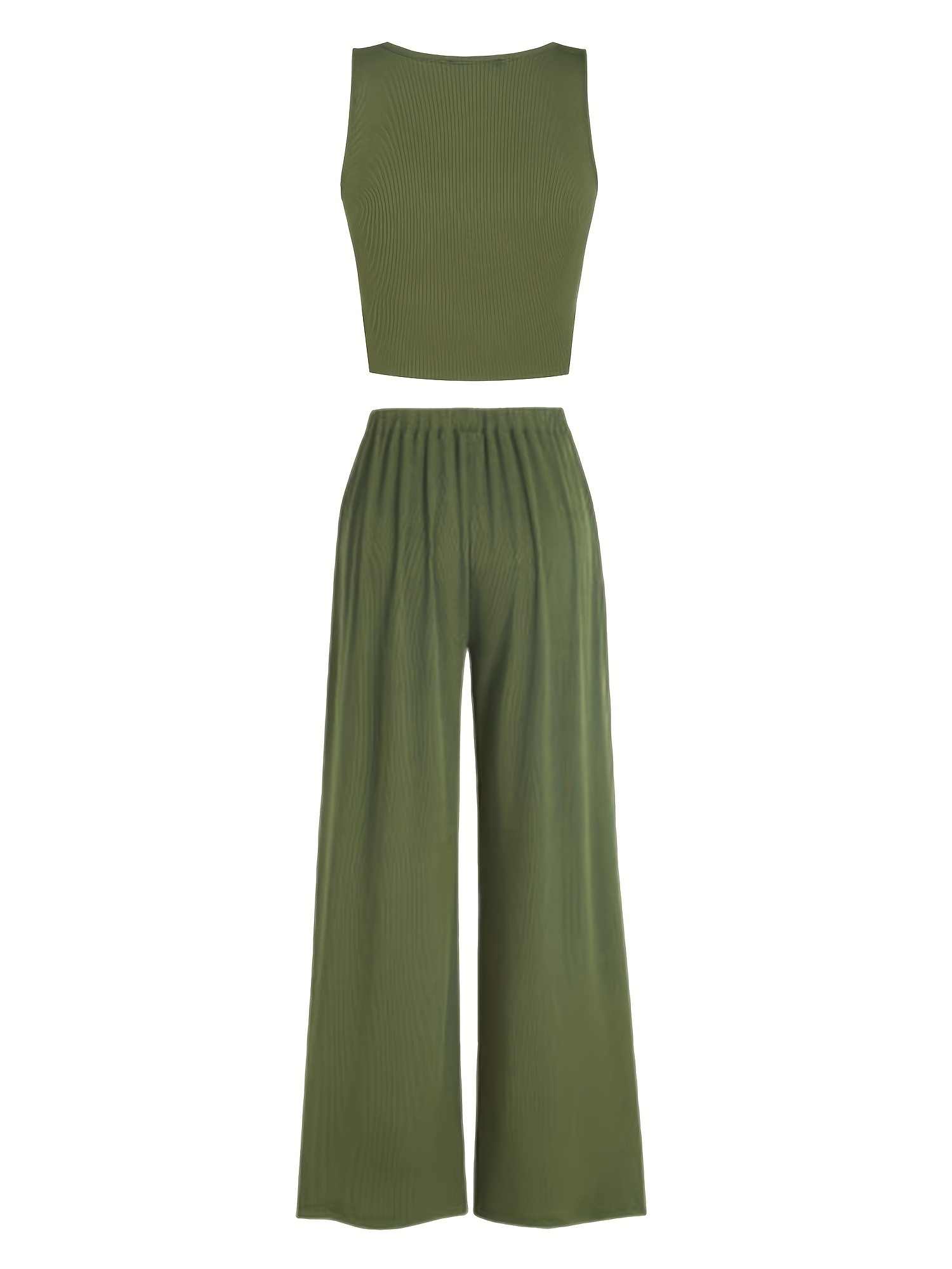 Solid Two Piece Set Sleeveless V Neck Tank Top & Wide Leg Pants