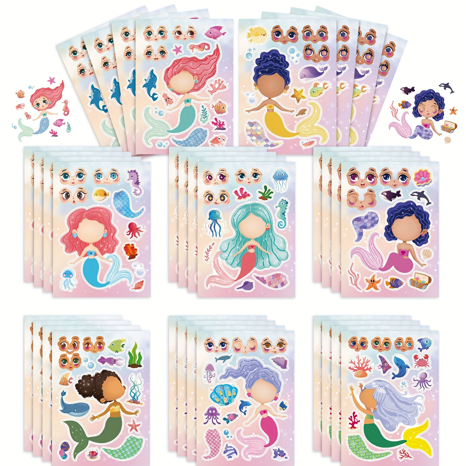 16pcs/pack Mermaid Design DIY Stickers,Creative Matching Stickers, Birthday Gifts