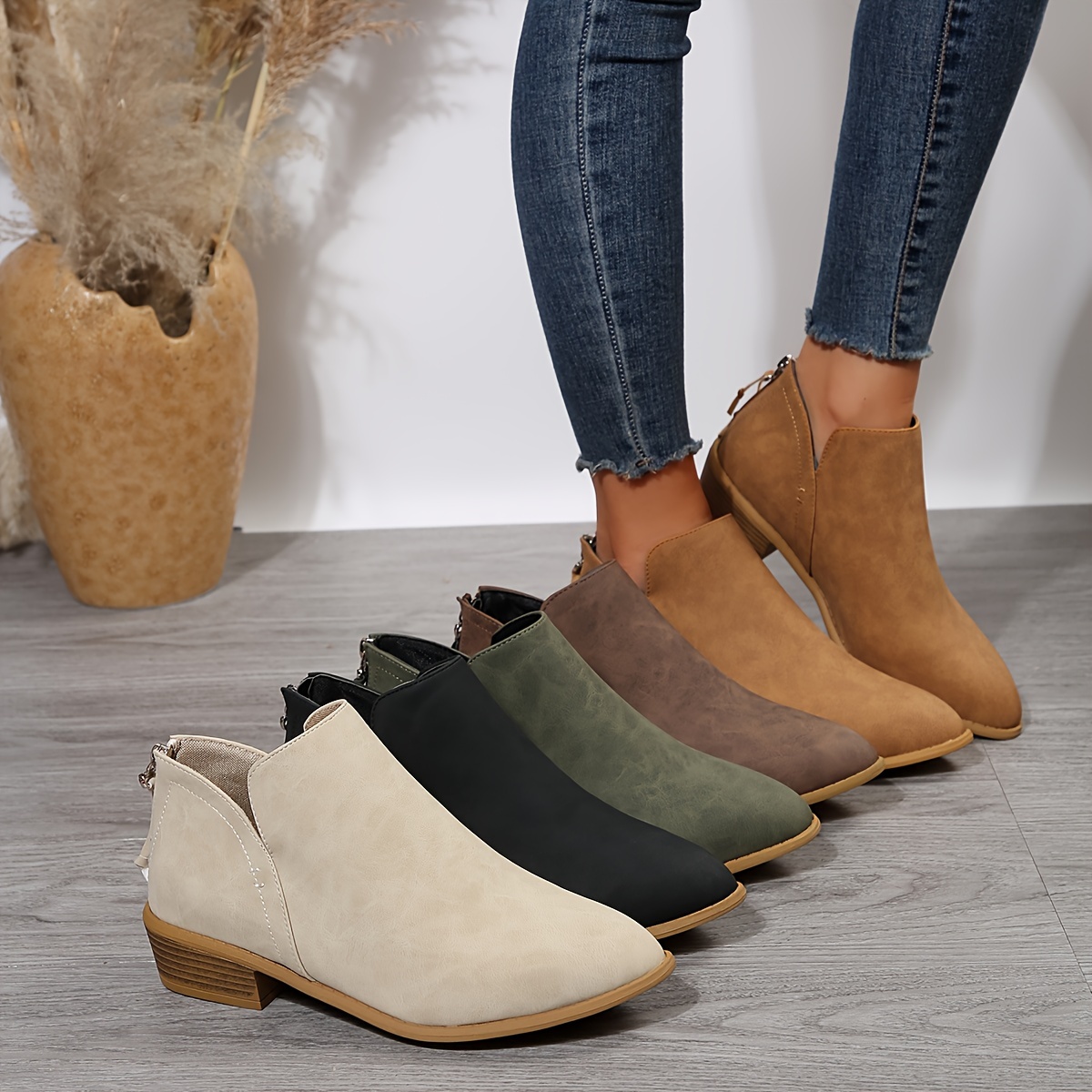 Women's Solid Color Block Heeled Boots, Elegant Lace Up Short Boots,  Stylish Side Zipper Ankle Boots