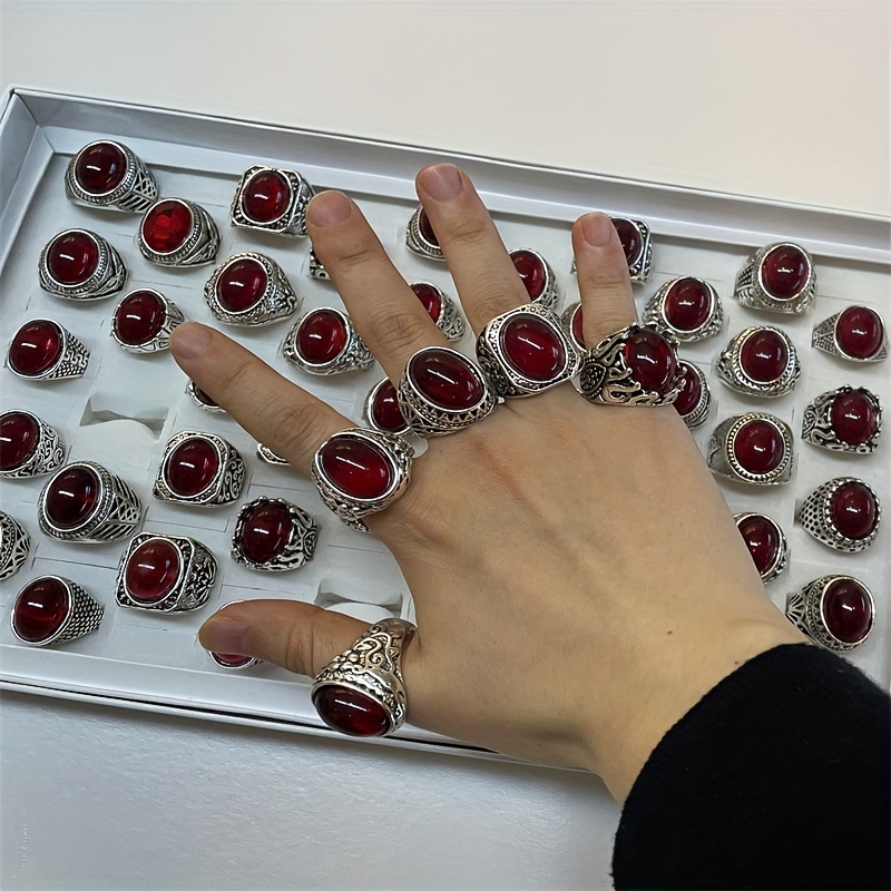 5pcs Set Men's Silvery Oval Red Stone Rings