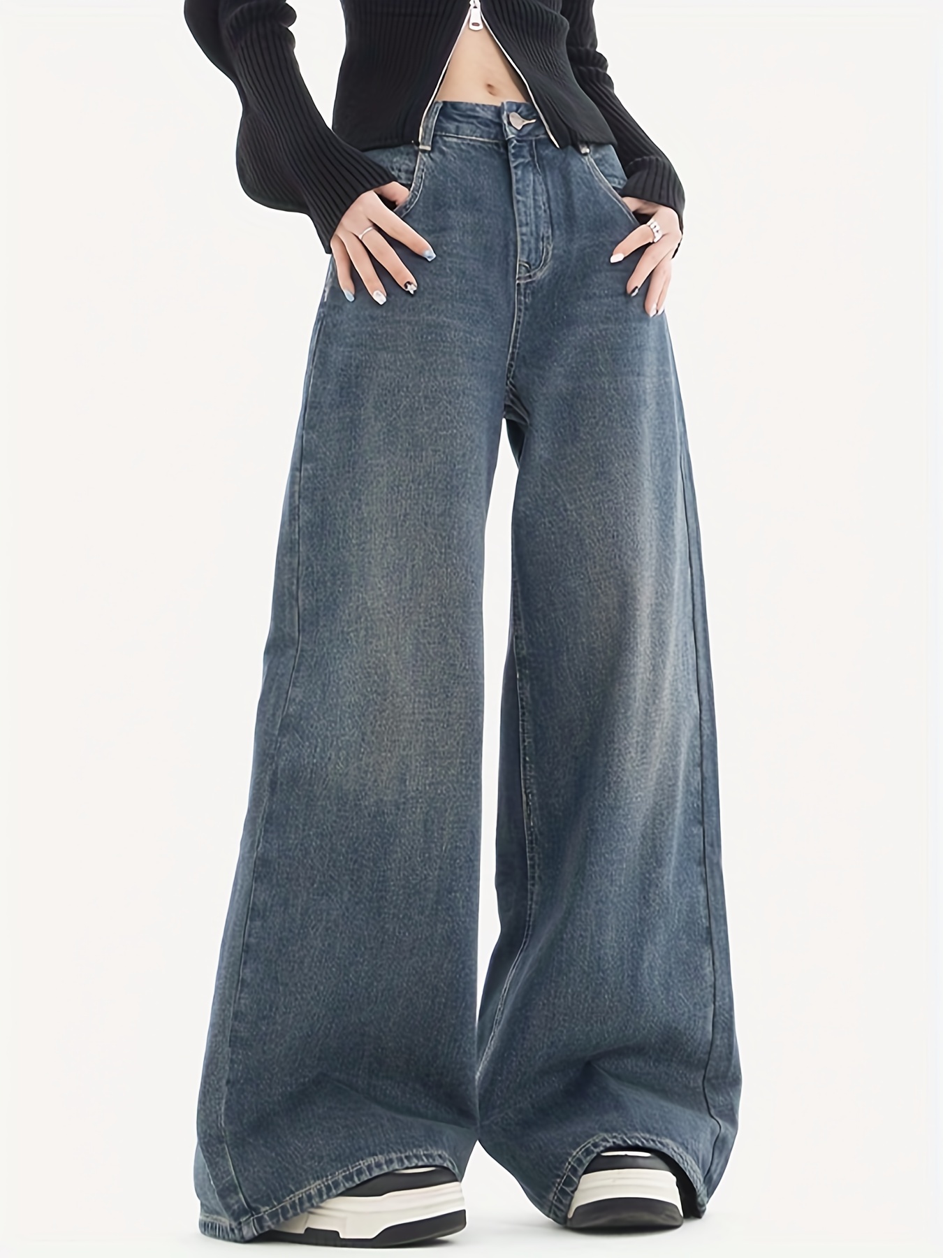 Washed Wide Leg Baggy Jeans, Solid Color Loose Fit Street Grunge Style  Boyfriend Denim Pants, Women's Denim Jeans & Clothing