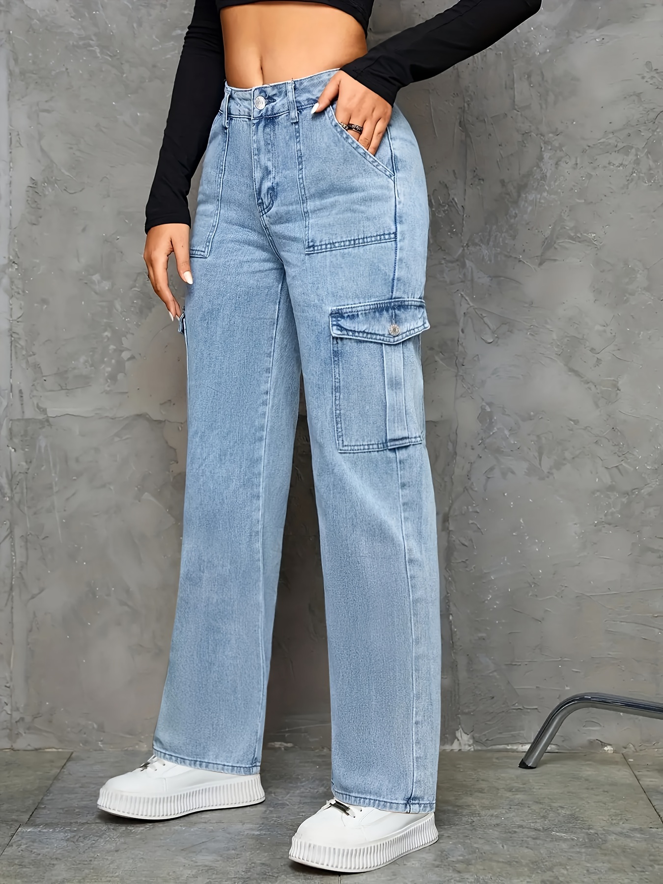  Jeans para mujer - Jeans cargo con bolsillo lateral con solapa  (color : blanco, talla: XS) : Ropa, Zapatos y Joyería