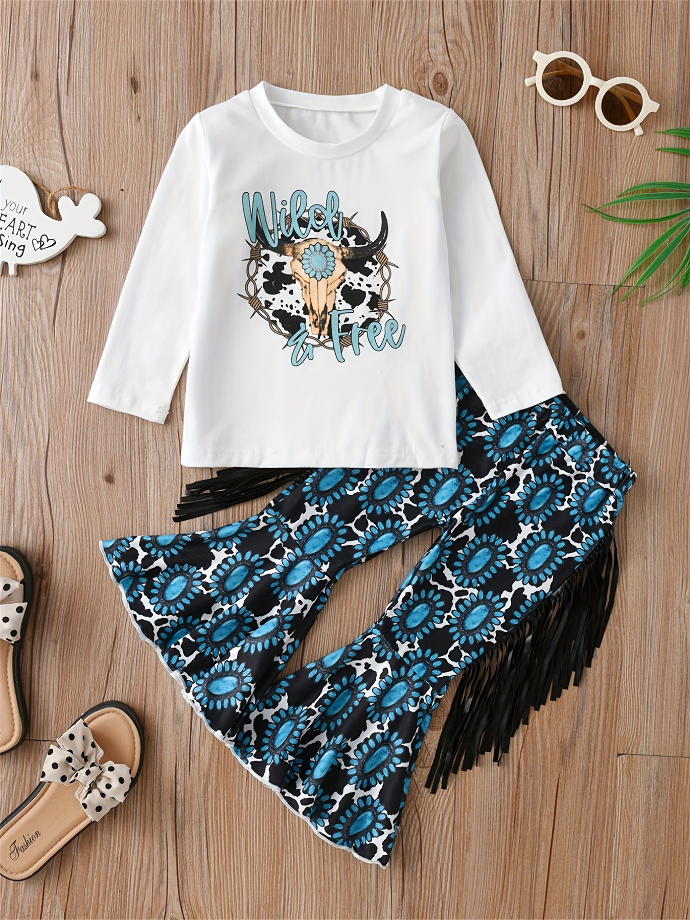 Girl's Long Sleeve Top Flared Pants Set Wild Free Print - Temu