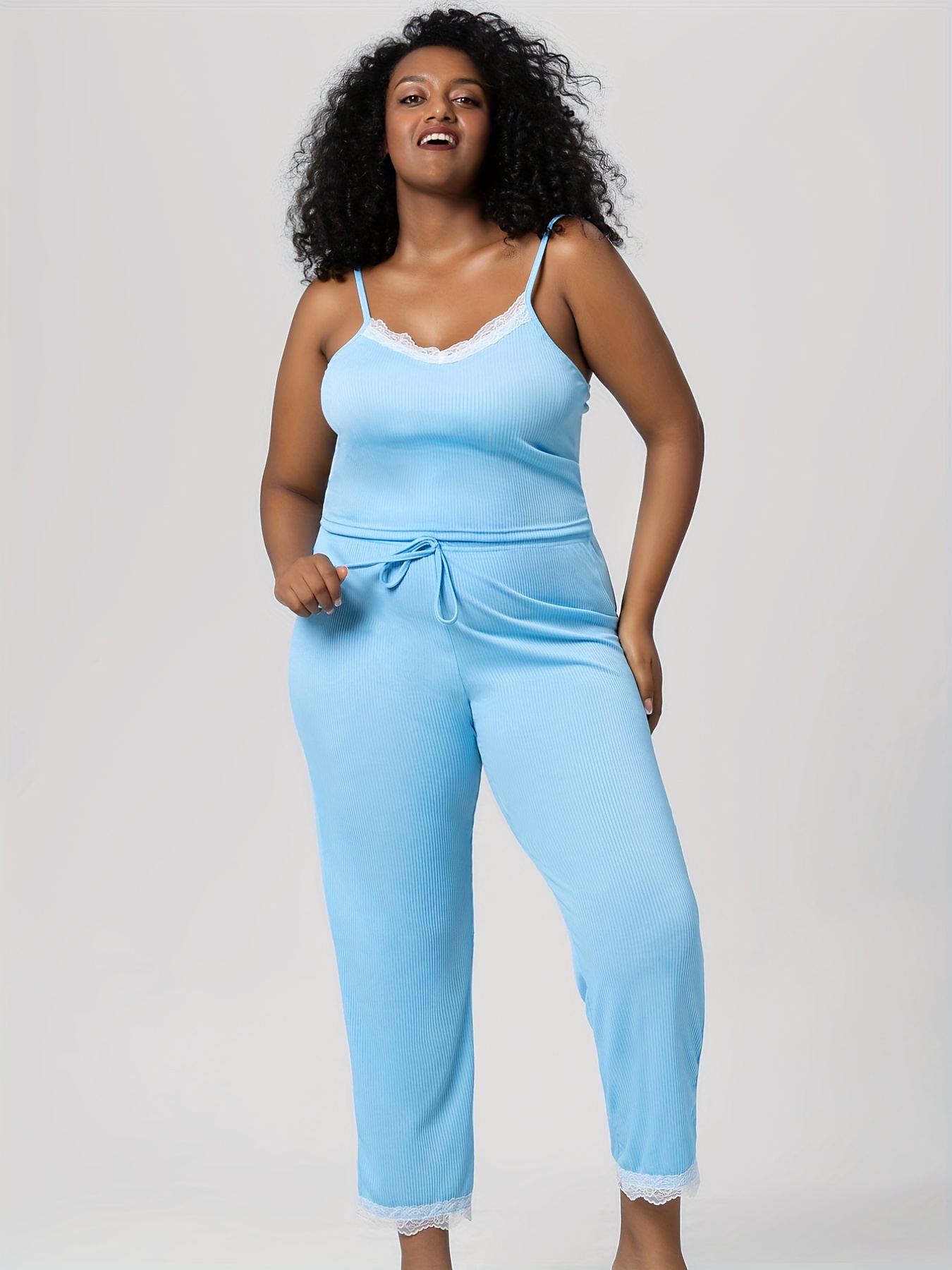 Plus Size Satin Contrast Lace Cami Tops Pants Pajama Set - Temu